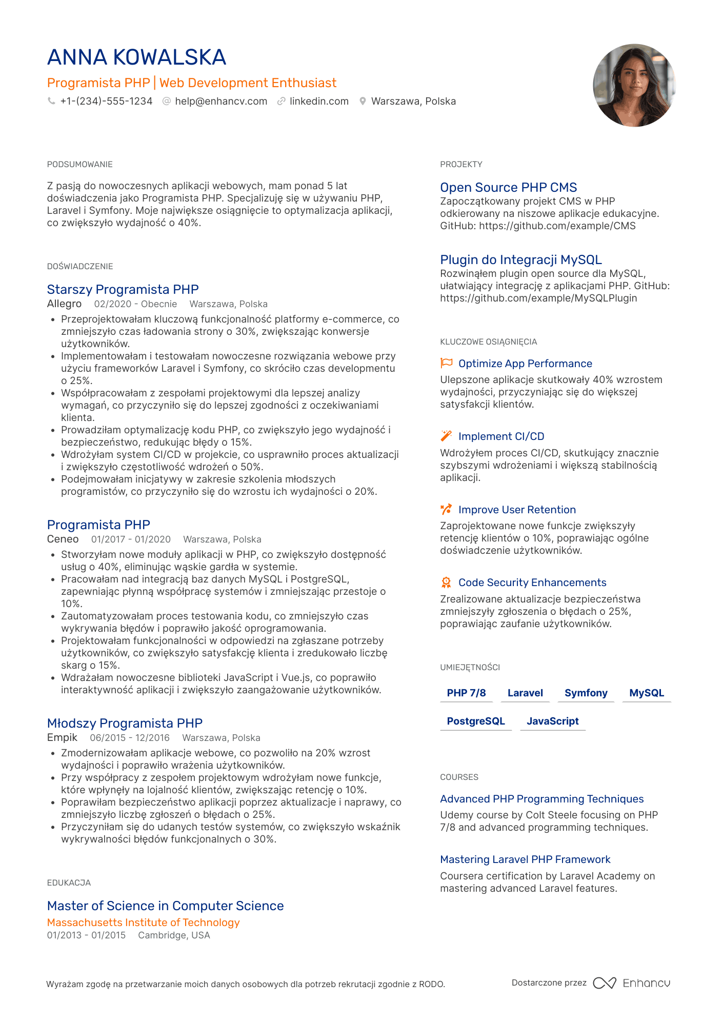 CV dla Programista PHP Resume Example