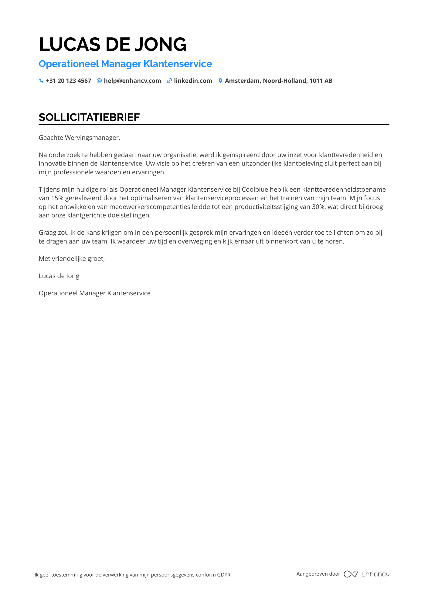 Sollicitatiebrief voor Operationeel Manager Klantenservice Resume Example