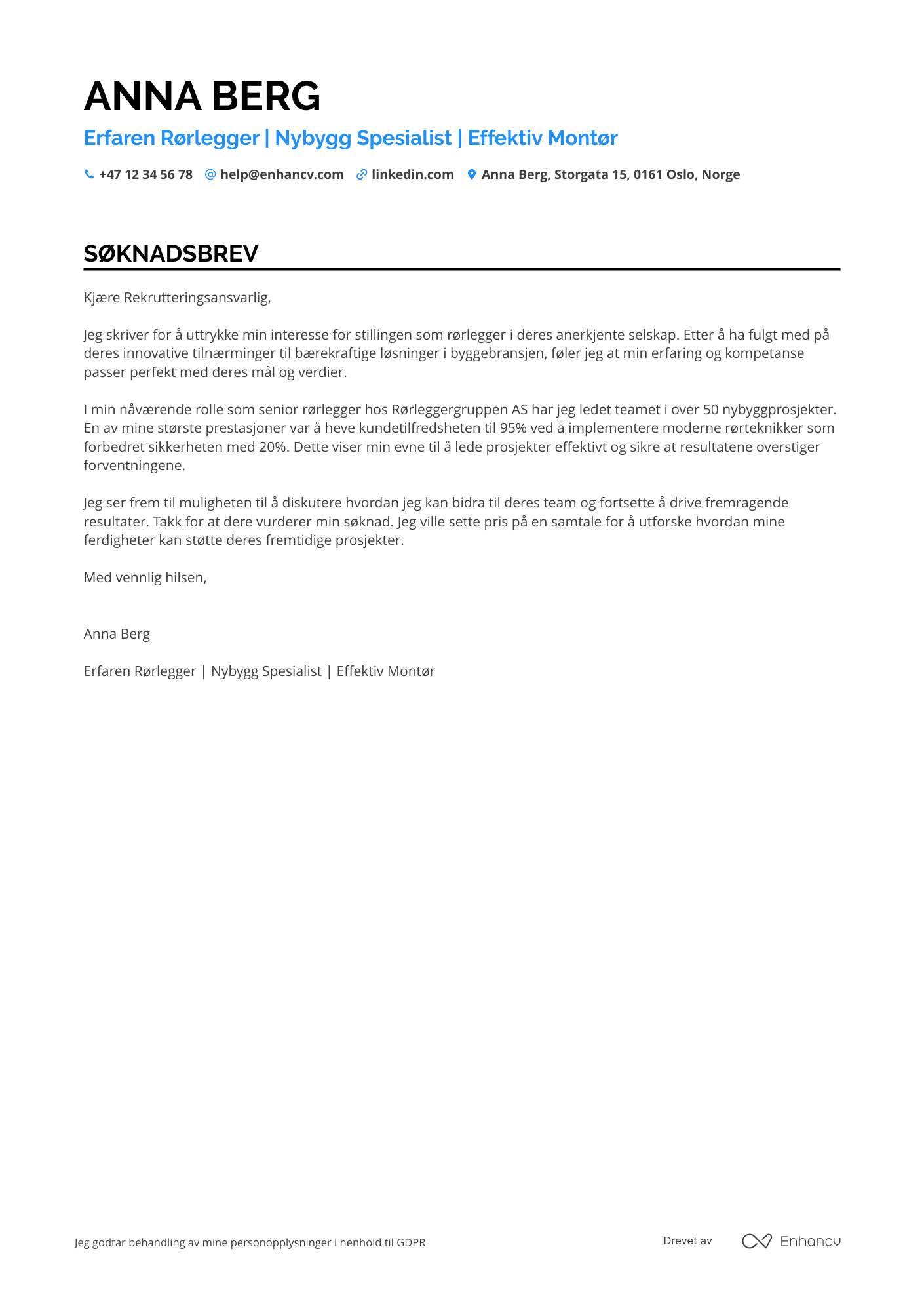 Søknadsbrev for Nybygg Rørlegger Resume Example