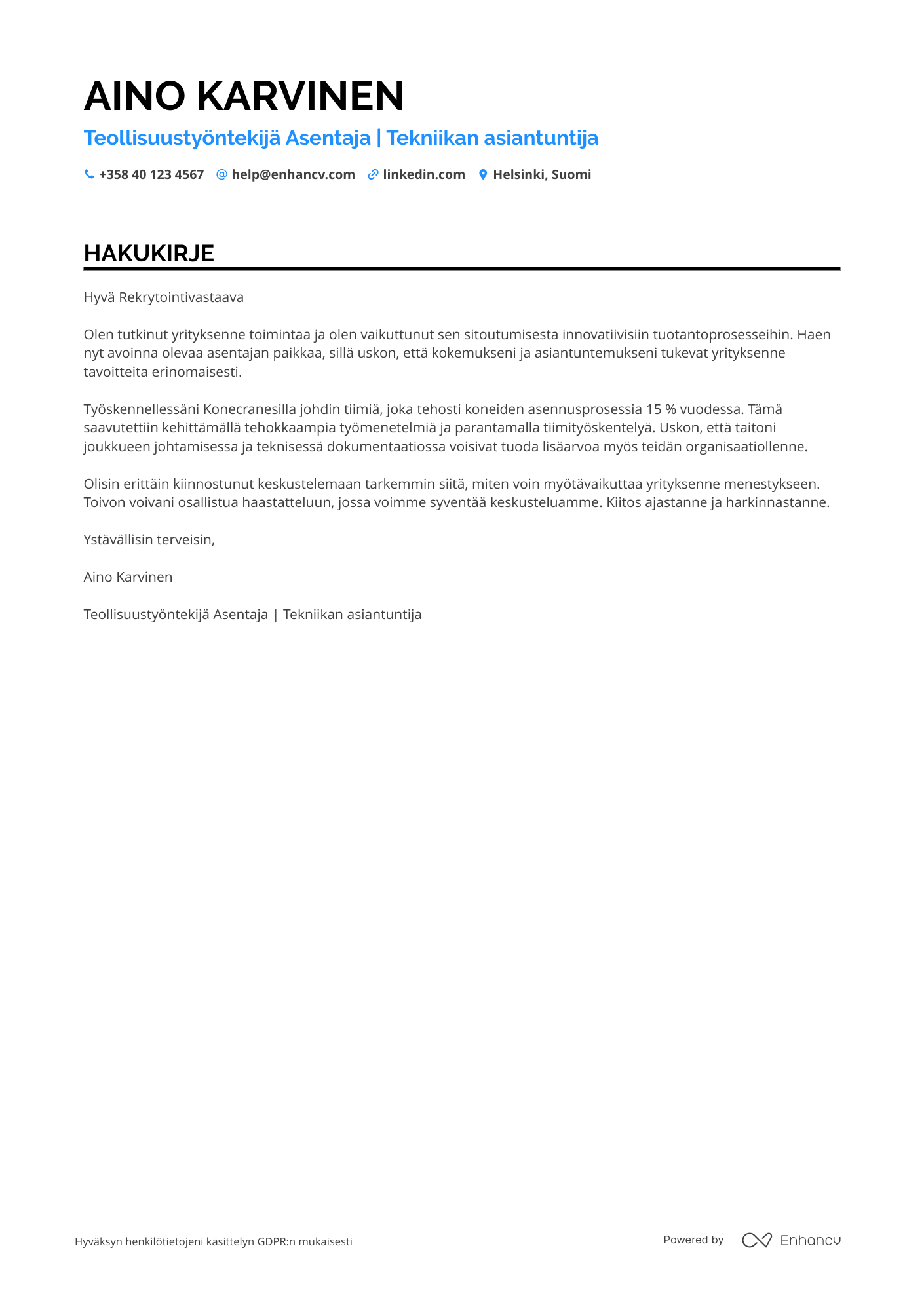 Hakukirje Teollisuustyöntekijä Asentaja Resume Example