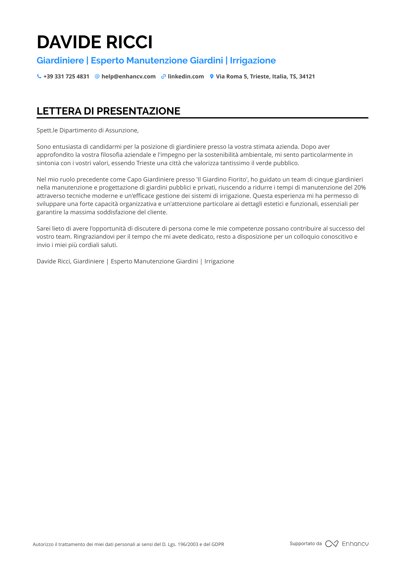 Giardiniere per Proprietà Private Resume Example