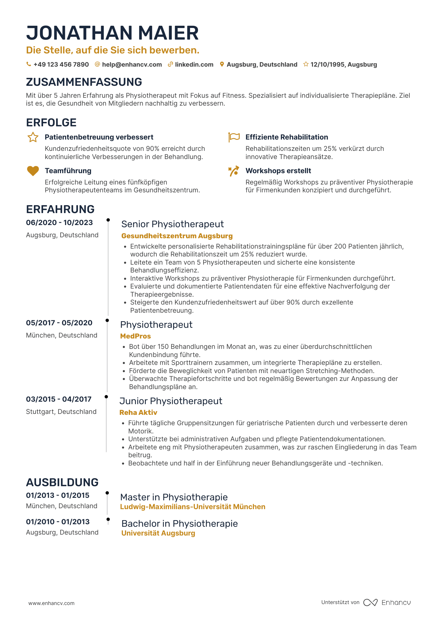 Lebenslauf in Physiotherapeut in einem Fitnessstudio Resume Example