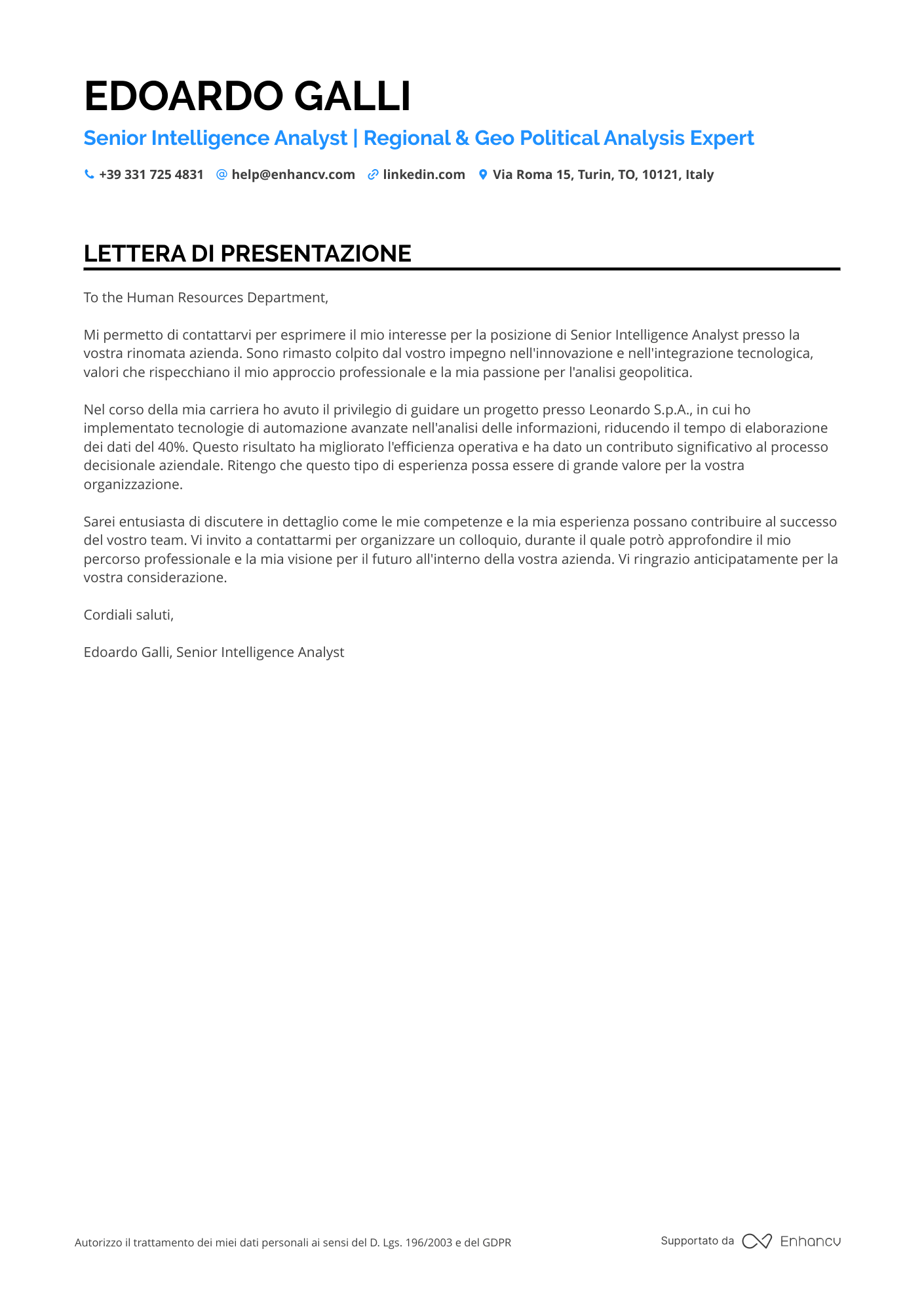Capo dell'Intelligence Militare Resume Example