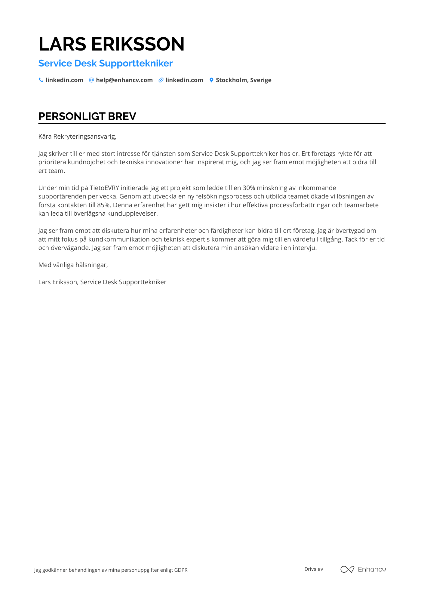 Personligt brev för Service Desk Supporttekniker Resume Example