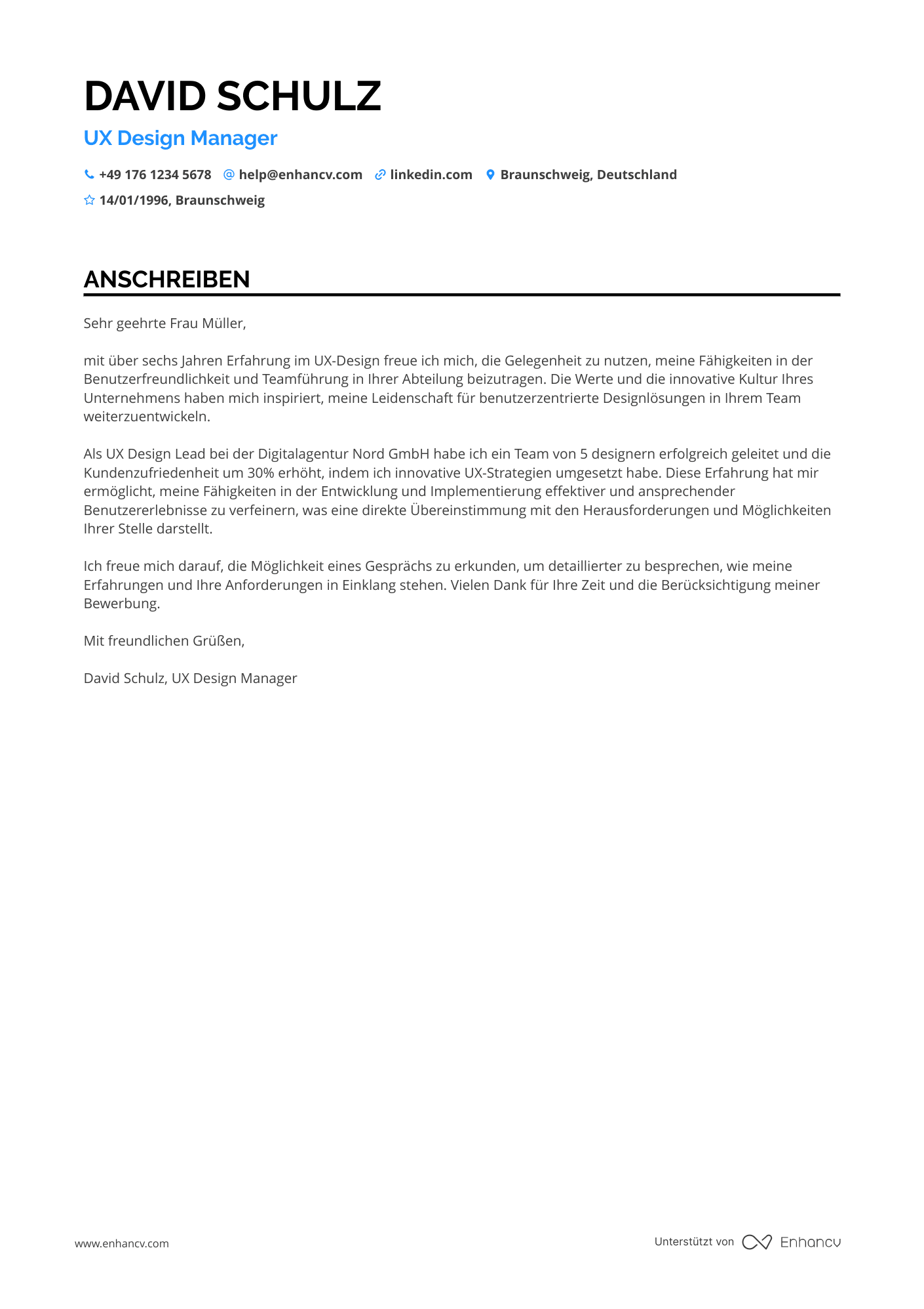UX Design Manager Resume Example