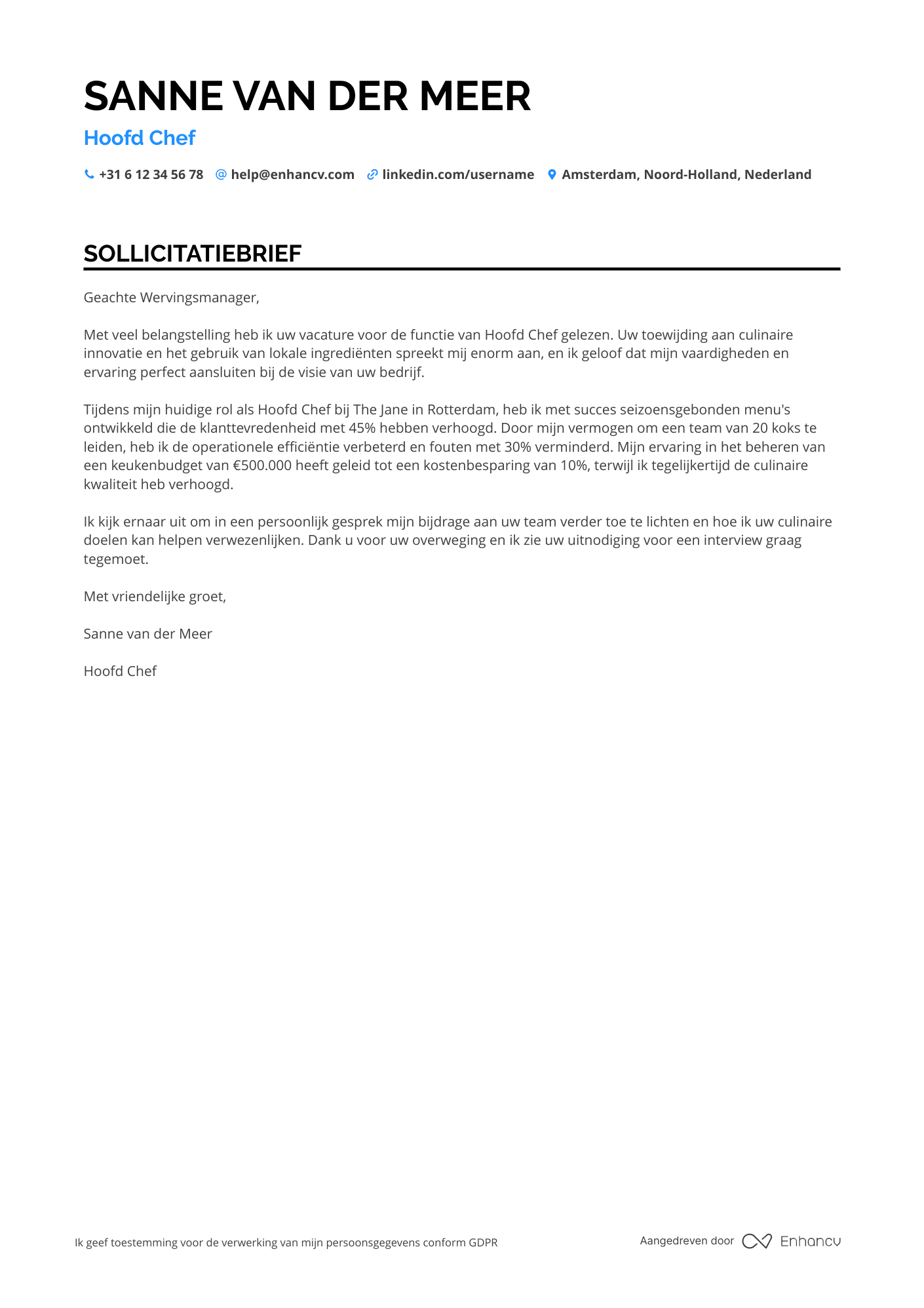 Sollicitatiebrief voor Hoofd Chef Resume Example