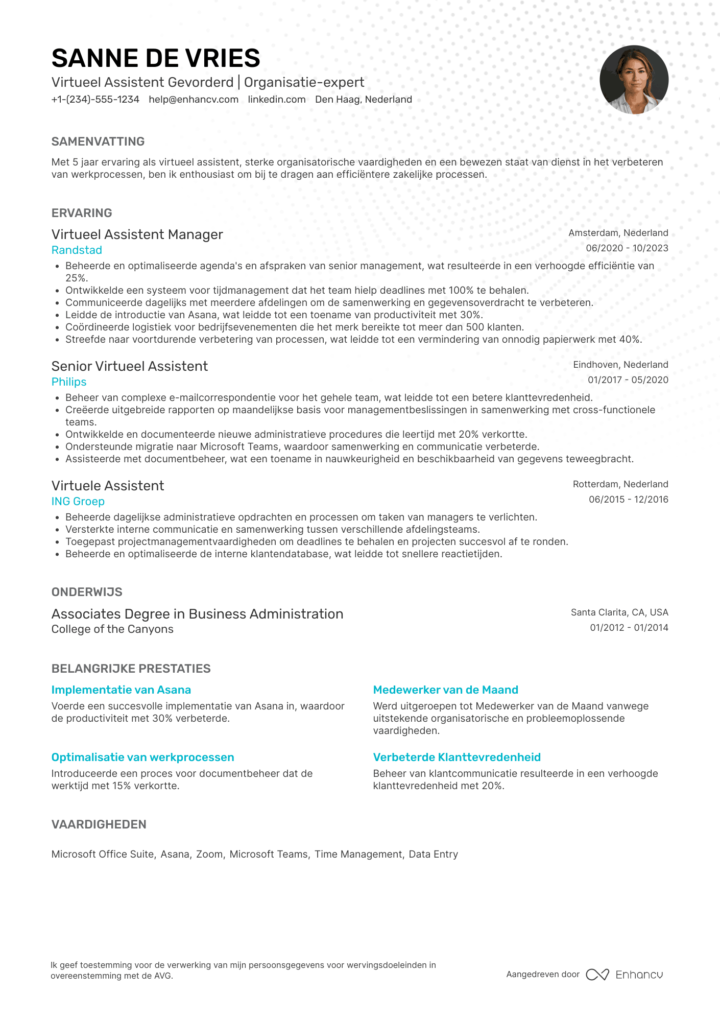 CV voor Virtueel Assistent Gevorderd Resume Example