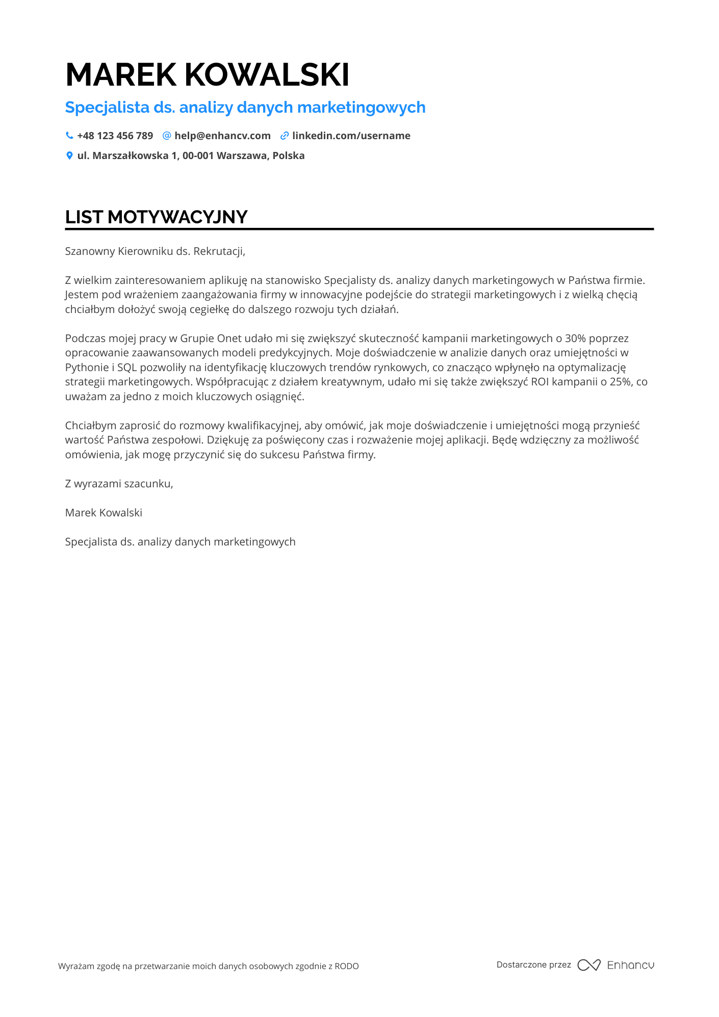 List motywacyjny dla Marketing Data Scientist Resume Example