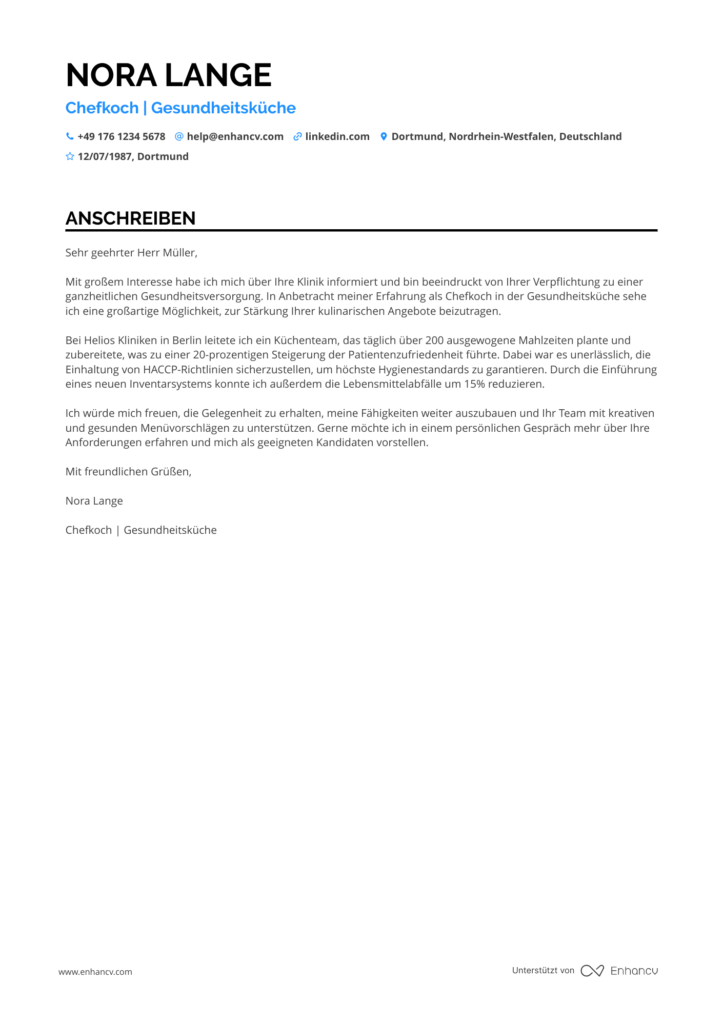 Koch in der Gesundheitsindustrie Resume Example