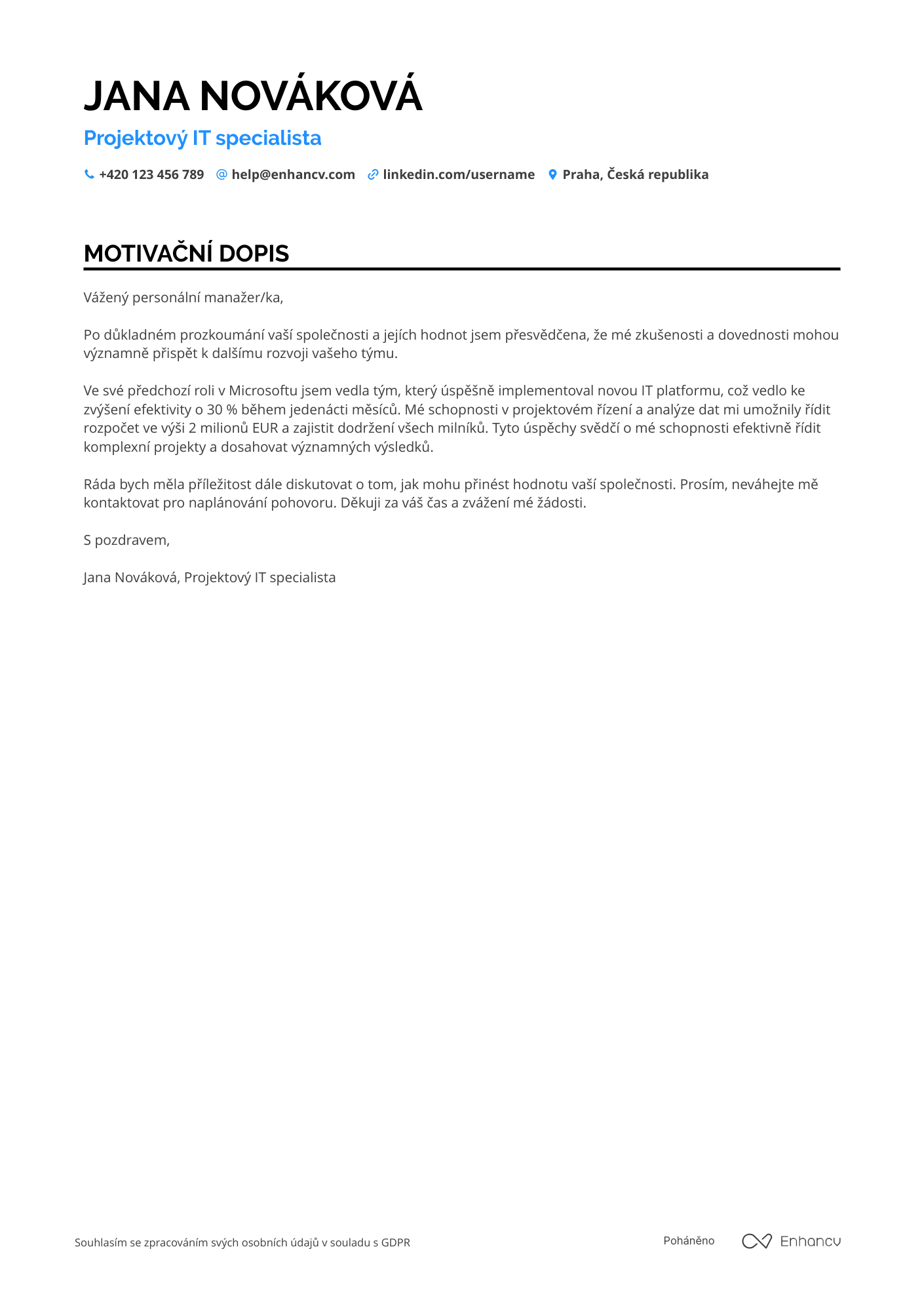 Motivační dopis pro Projektový IT specialista Resume Example