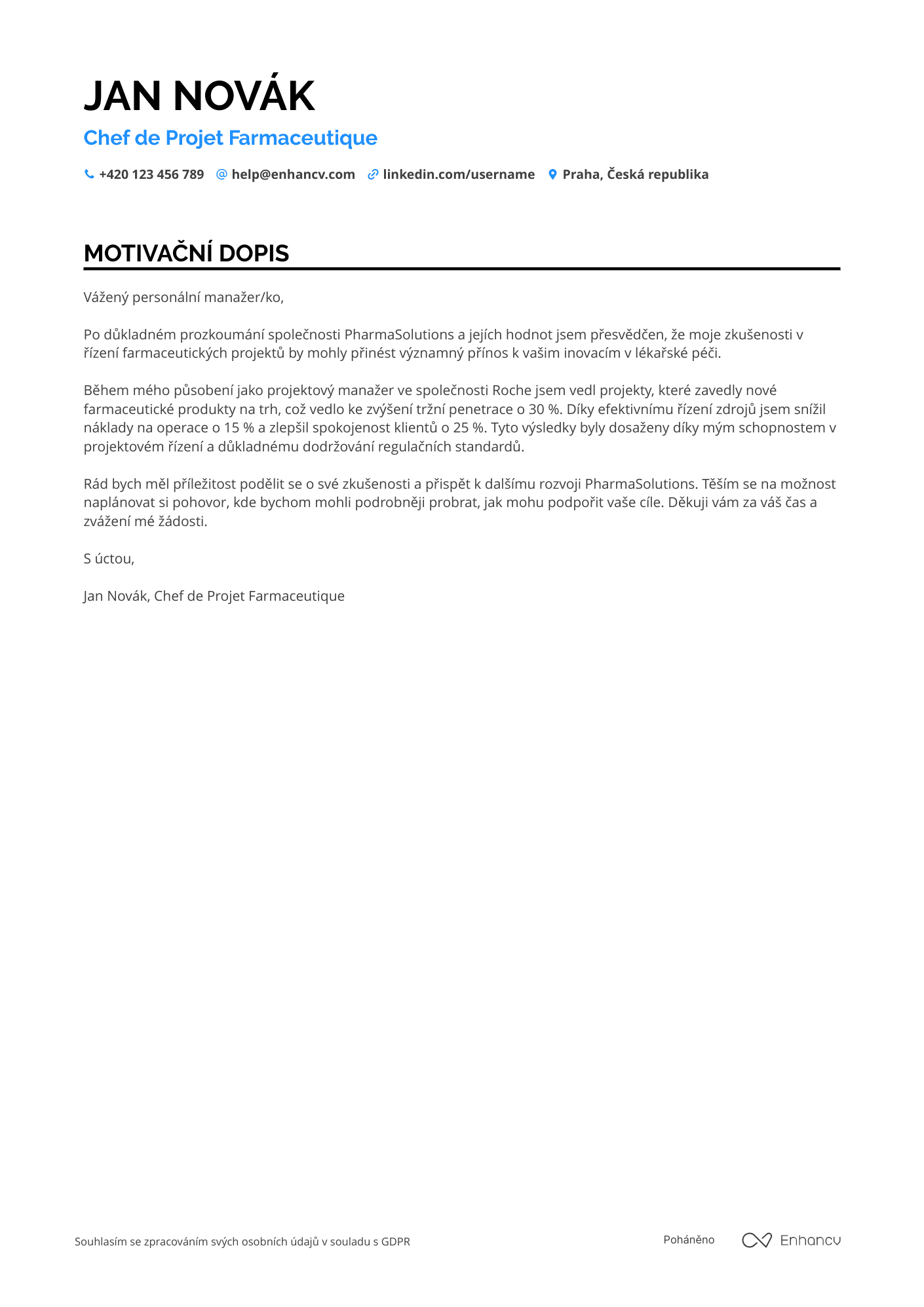 Motivační dopis pro Chef de Projet Farmaceutique Resume Example