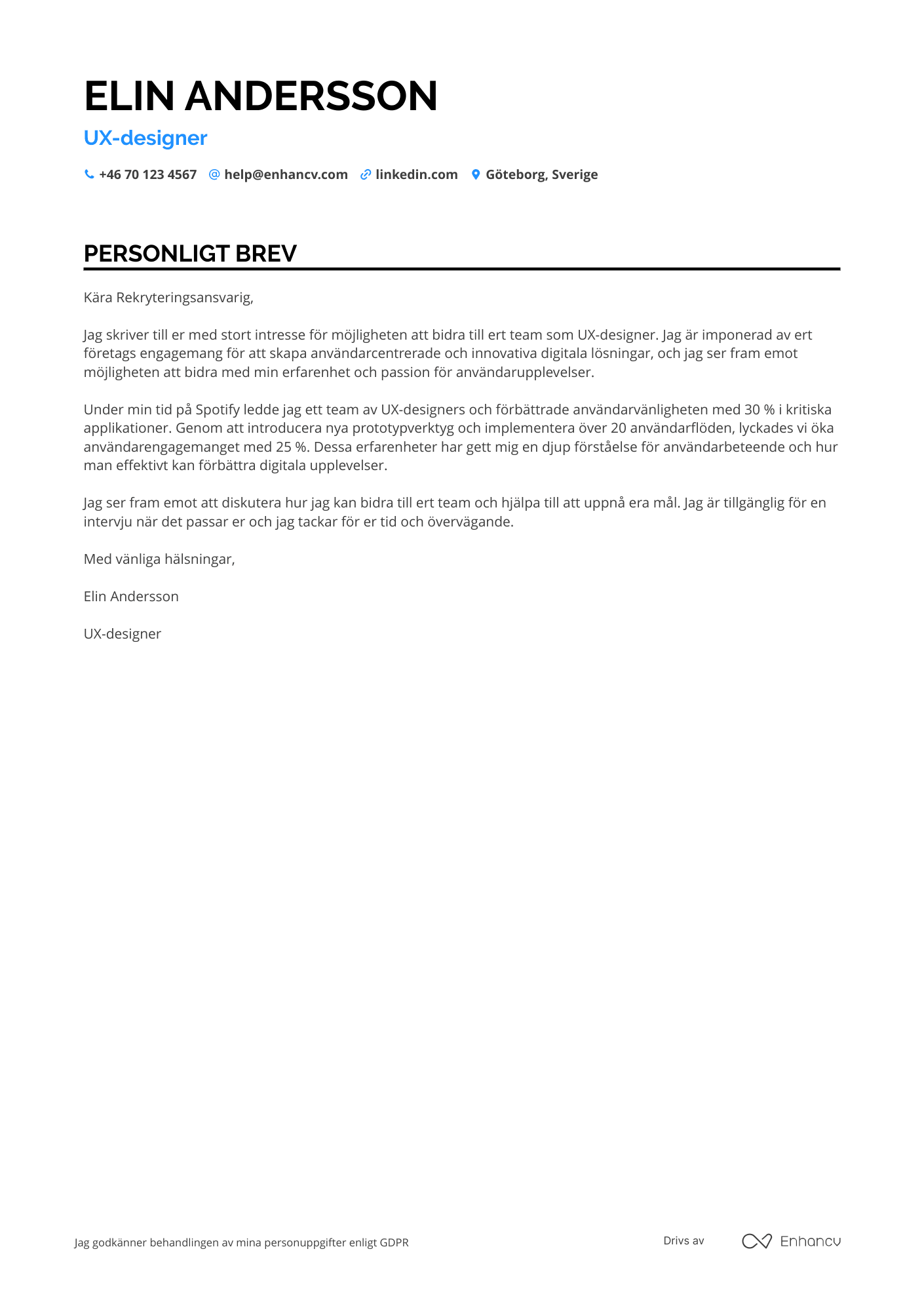 Personligt brev för Mellanliggande UX design Resume Example
