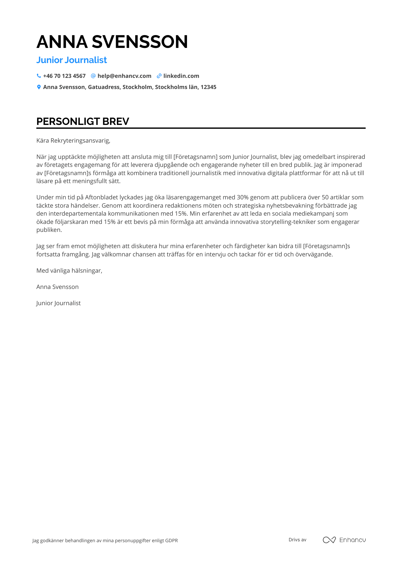 Personligt brev för Junior Journalist Resume Example