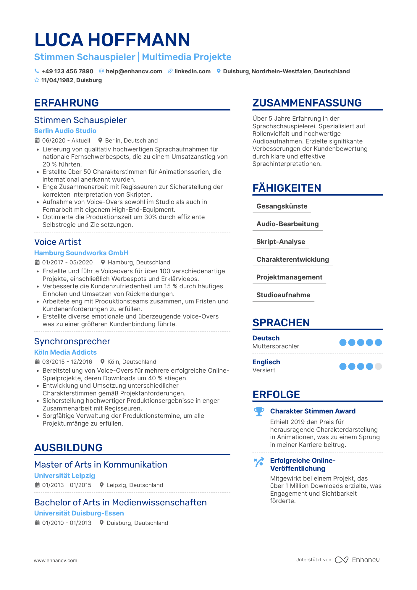 Lebenslauf als Stimmen Schauspieler Resume Example