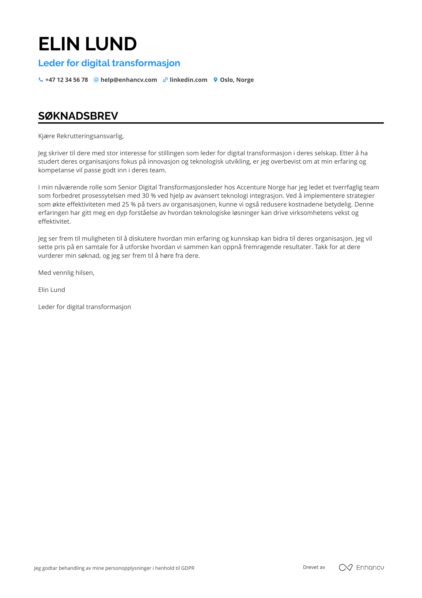 Søknadsbrev for Leder for digital transformasjon og operasjoner Resume Example