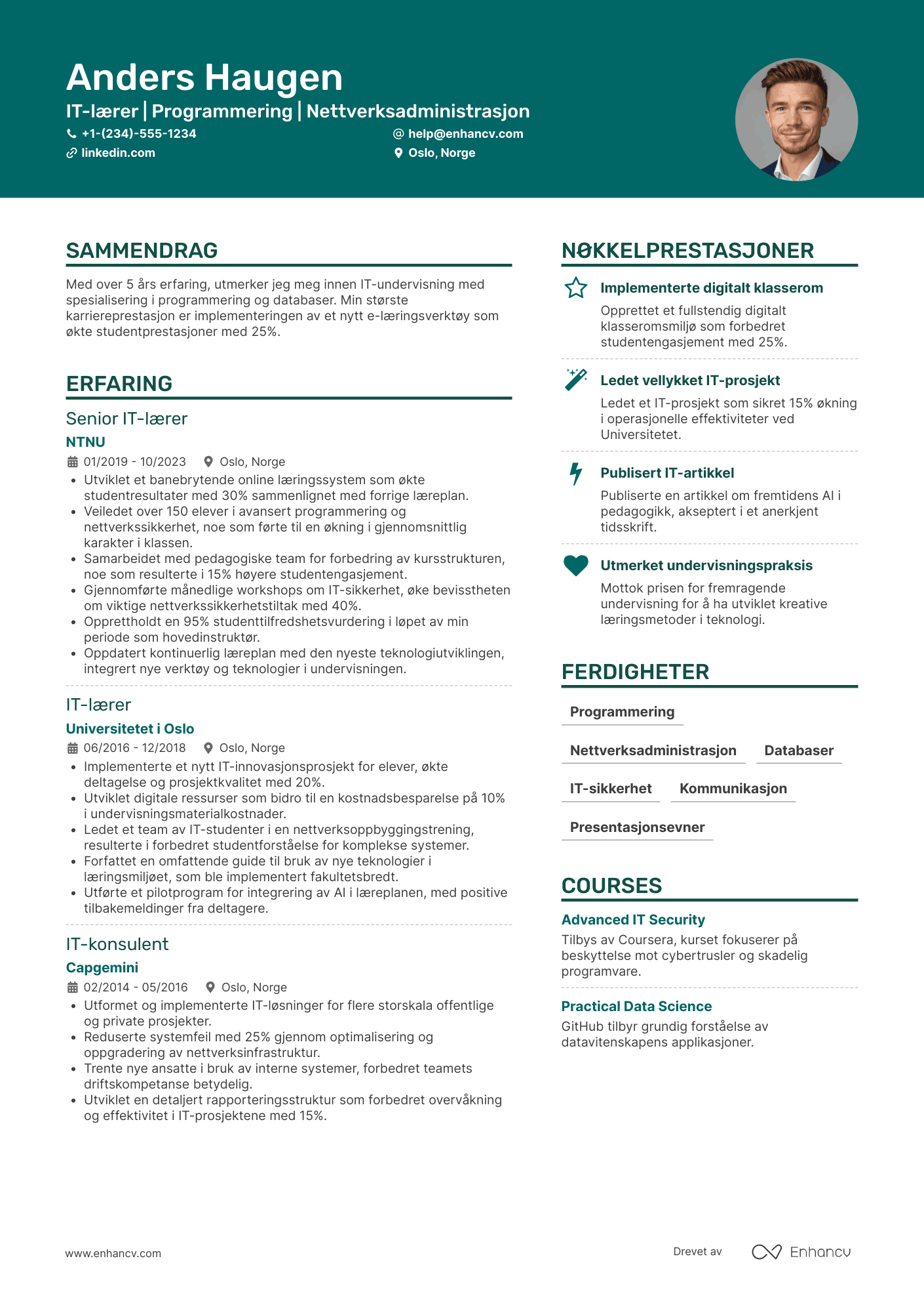 CV for IT lærer Resume Example