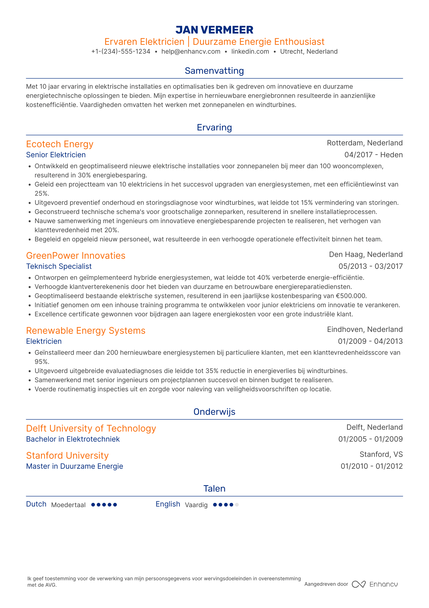 CV voor Elektricien in Energie Resume Example