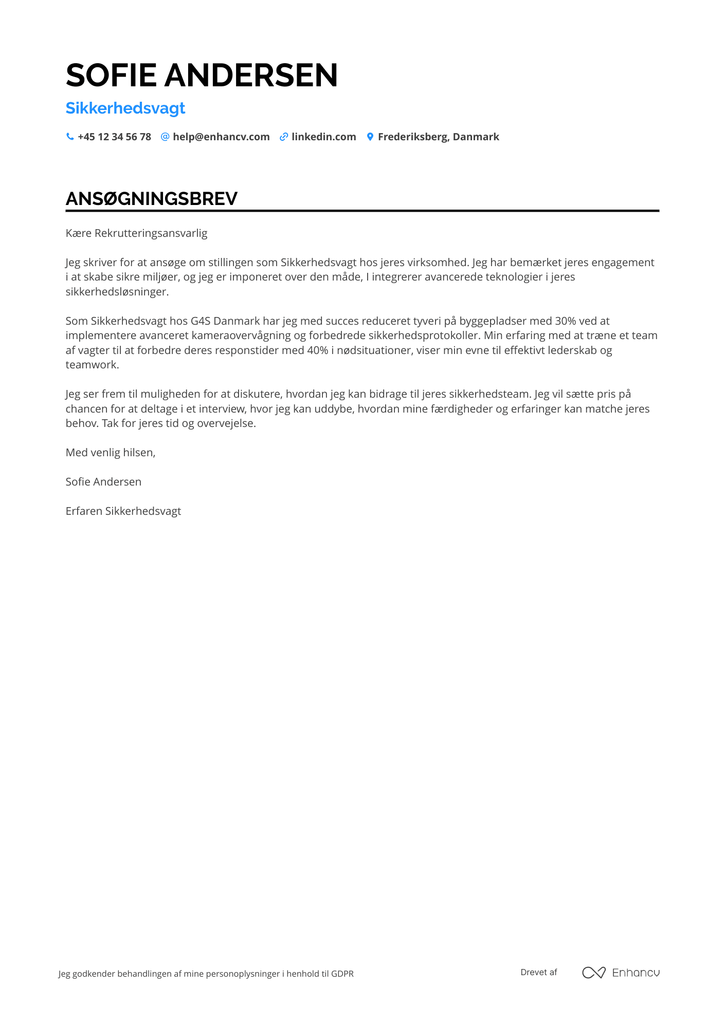 Ansøgningsbrev til Sikkerhedsvagt i byggebranchen Resume Example