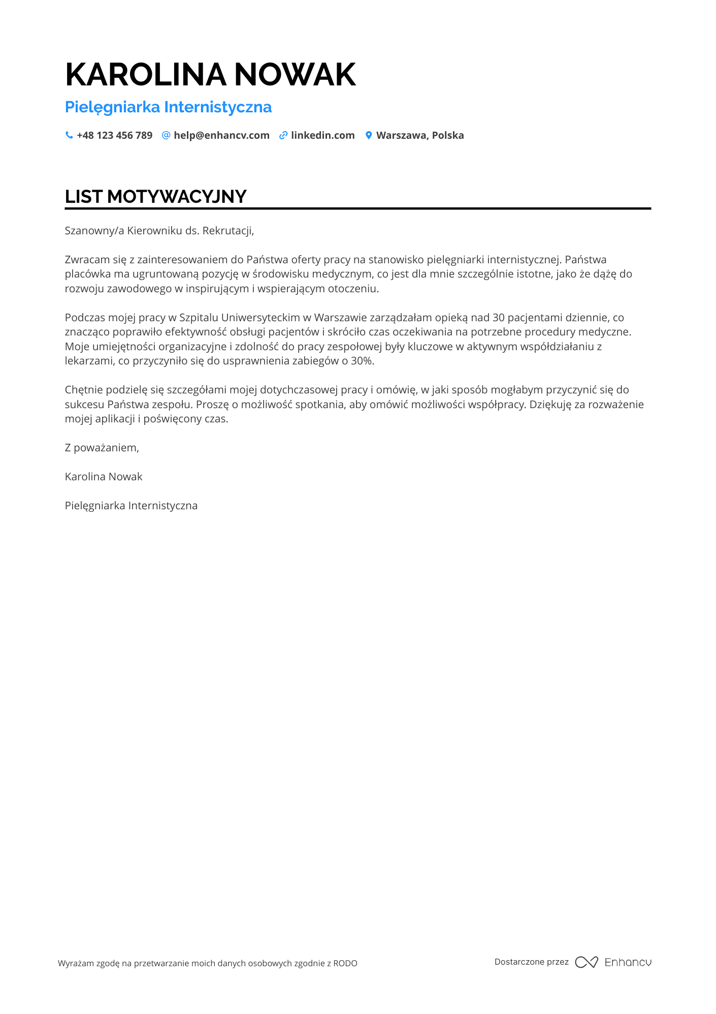 List motywacyjny dla Pielęgniarka Internistyczna Resume Example