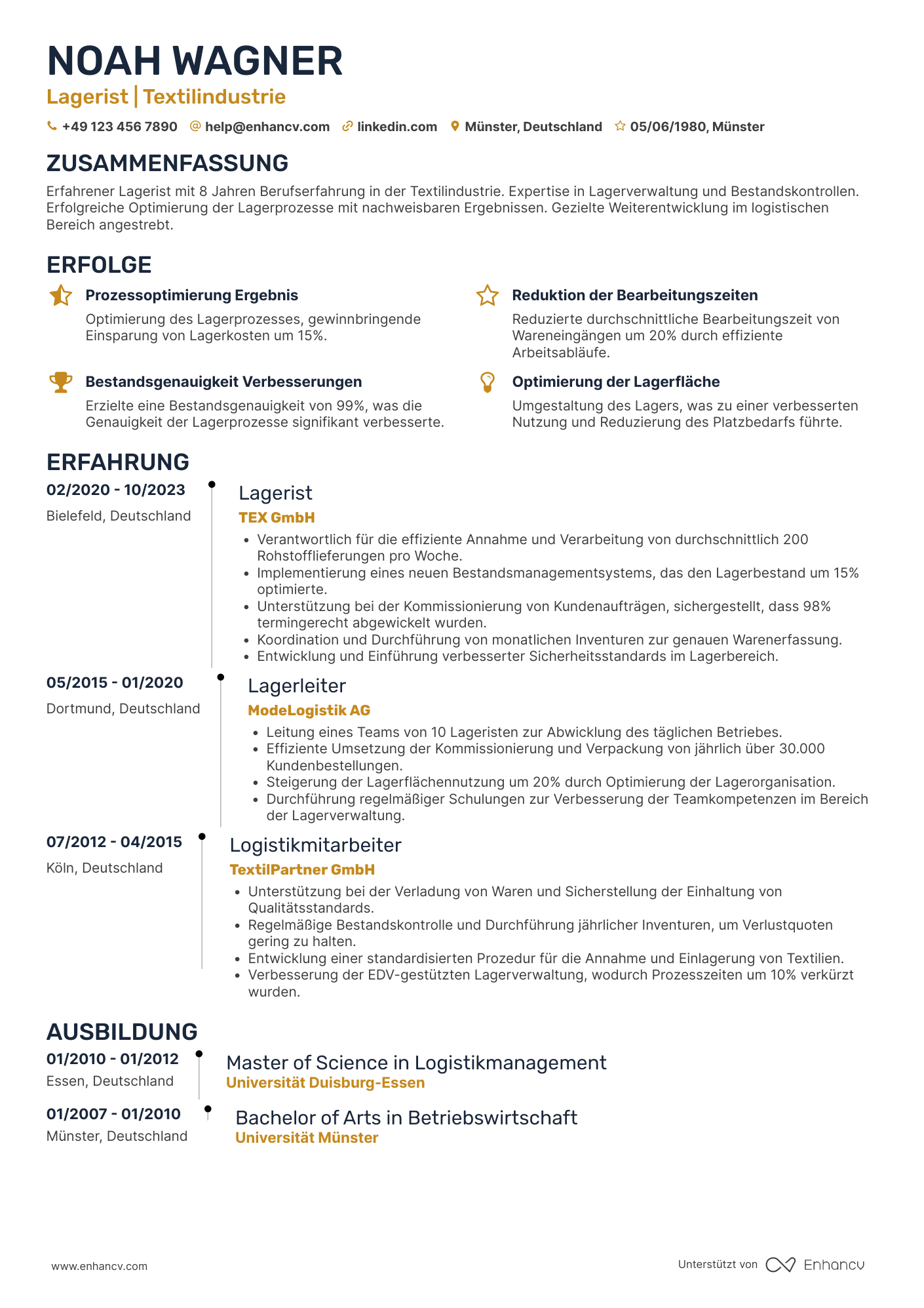 Lebenslauf in Lagerist in der Textilindustrie Resume Example