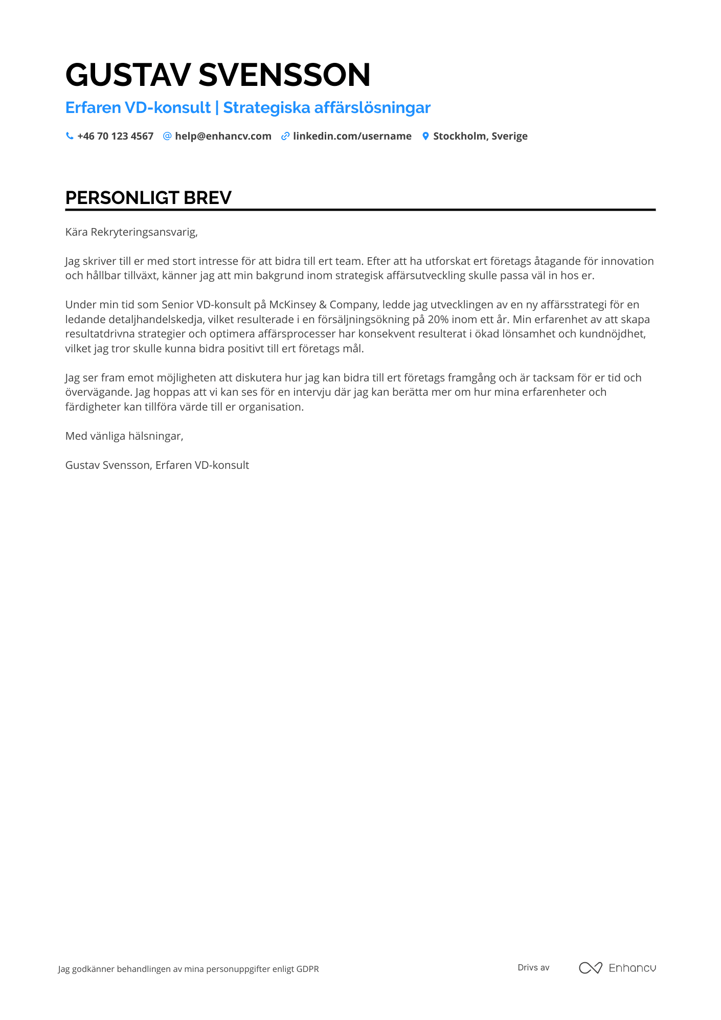 Personligt brev för VD Consultant Resume Example
