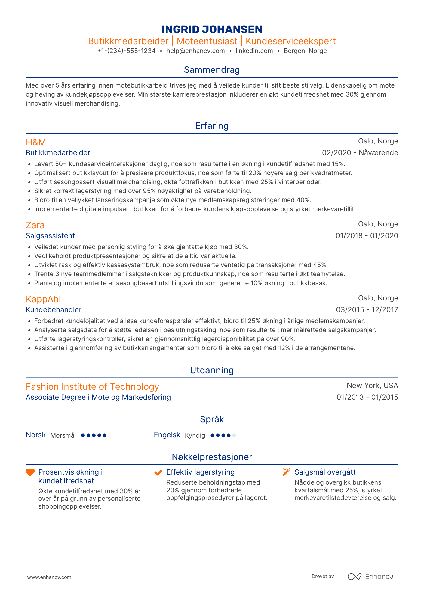 CV for Butikkmedarbeider moteklær Resume Example