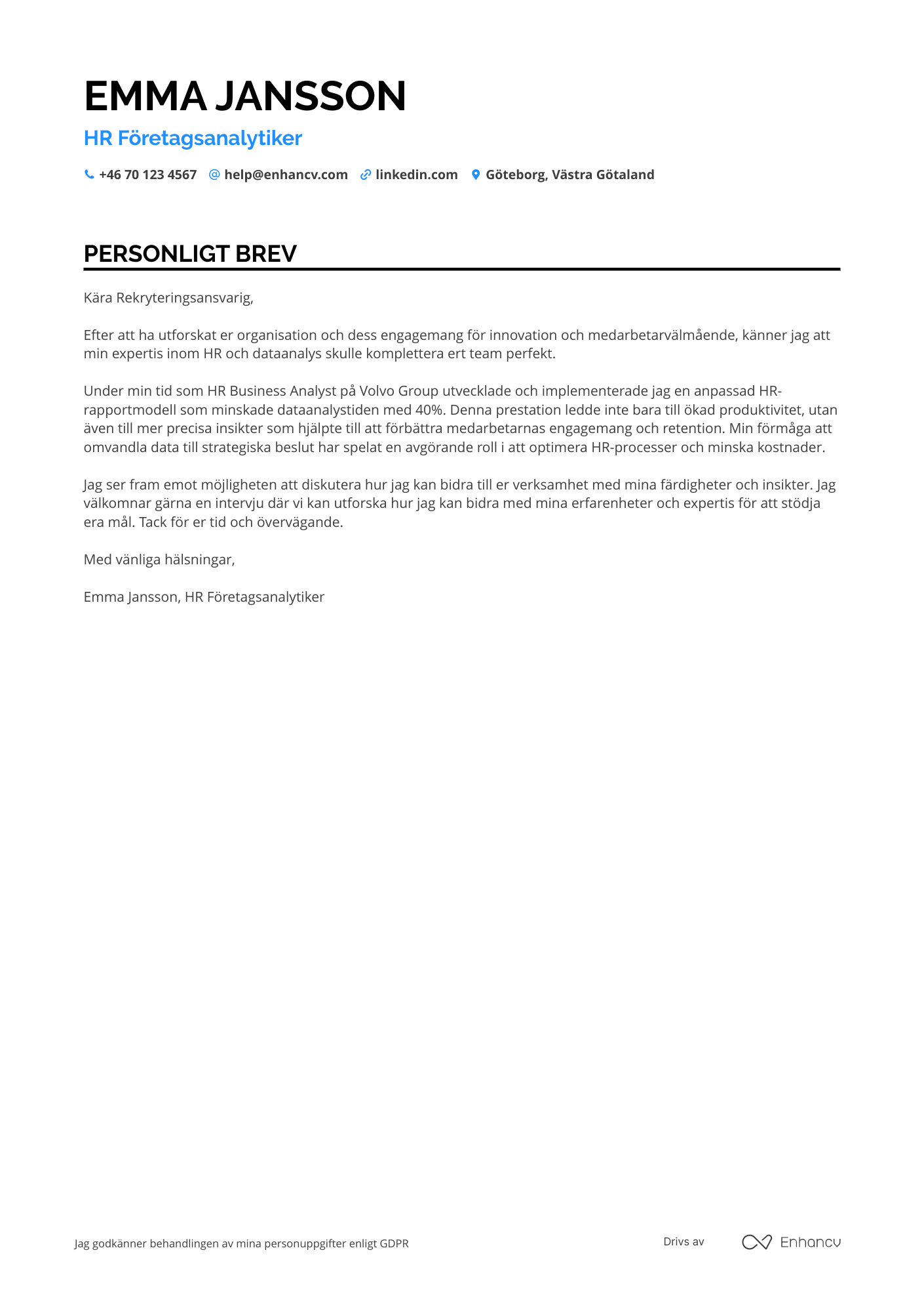 Personligt brev för HR Företagsanalytiker Resume Example