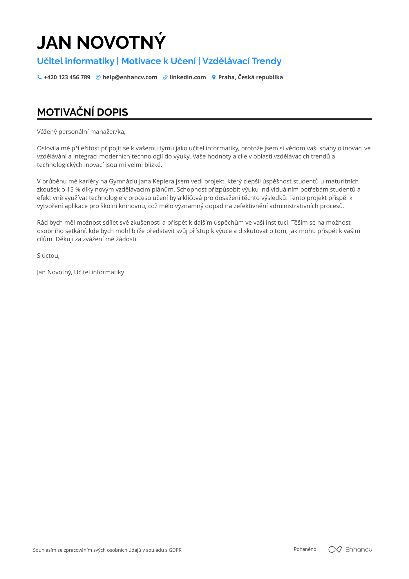 Motivační dopis pro Učitel informatiky Resume Example