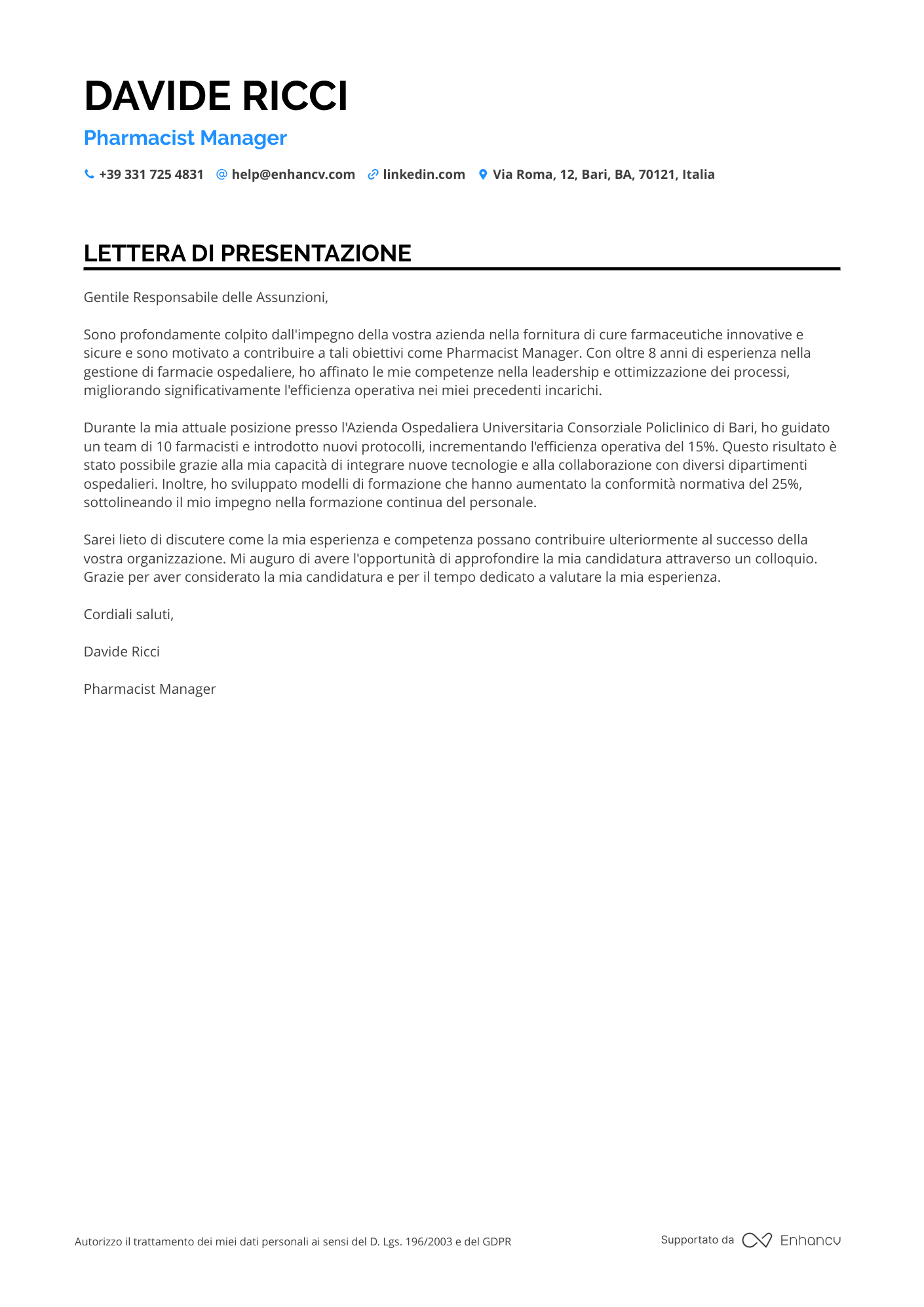 Farmacista Senior Resume Example