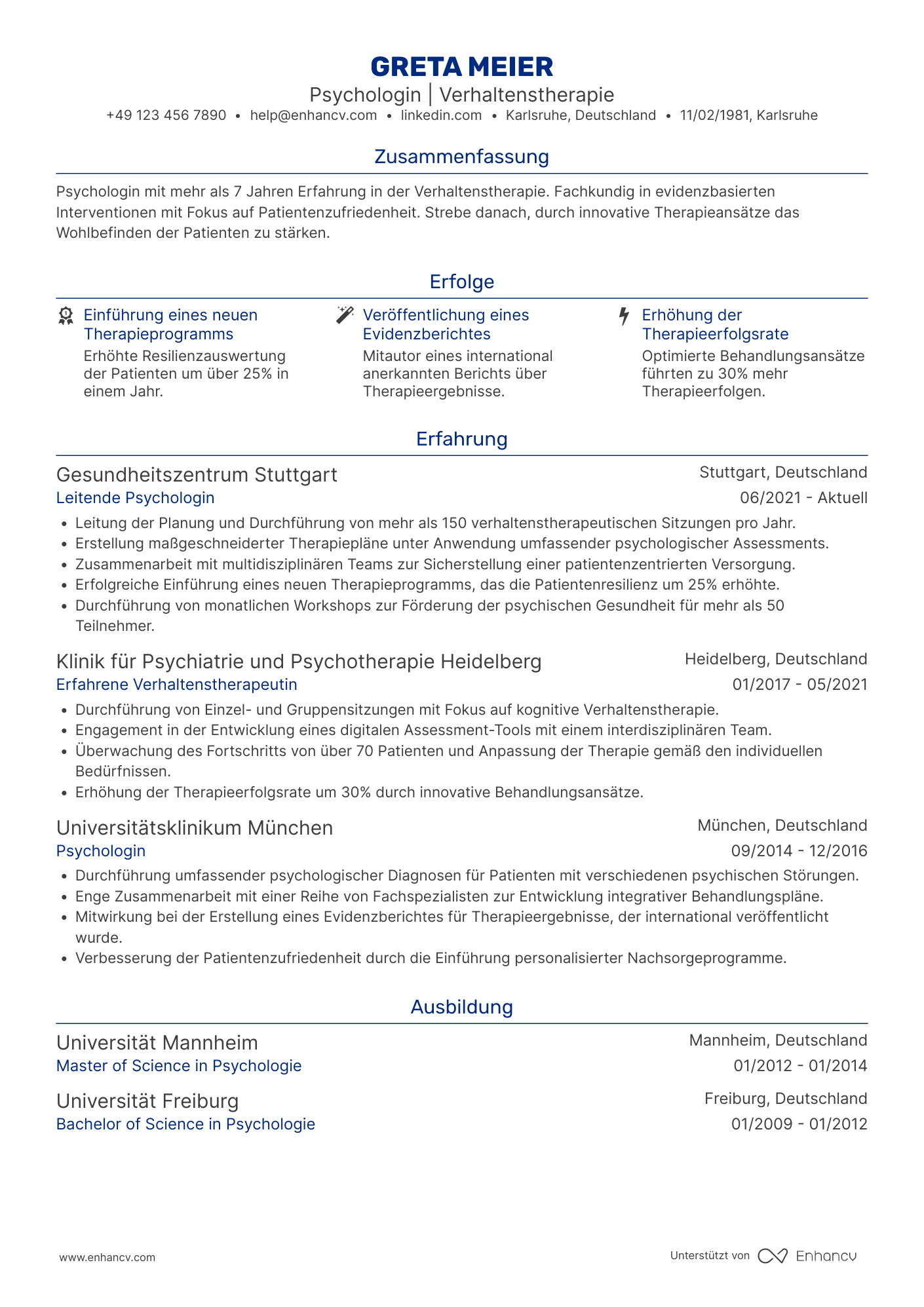 Lebenslauf als Psychologe mit Schwerpunkt Verhaltenstherapie Resume Example