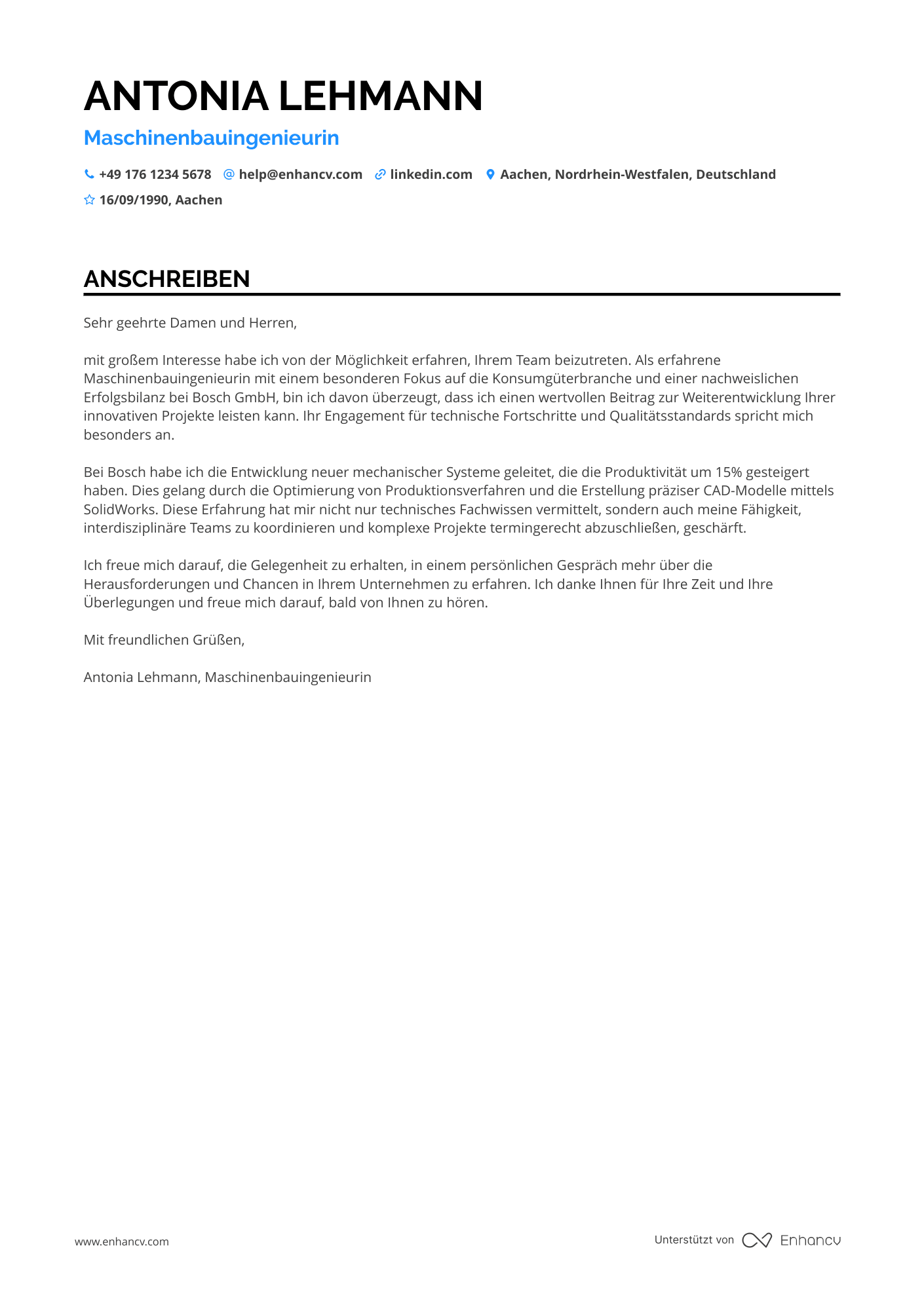 Maschinenbauingenieur mit Spezialisierung Resume Example