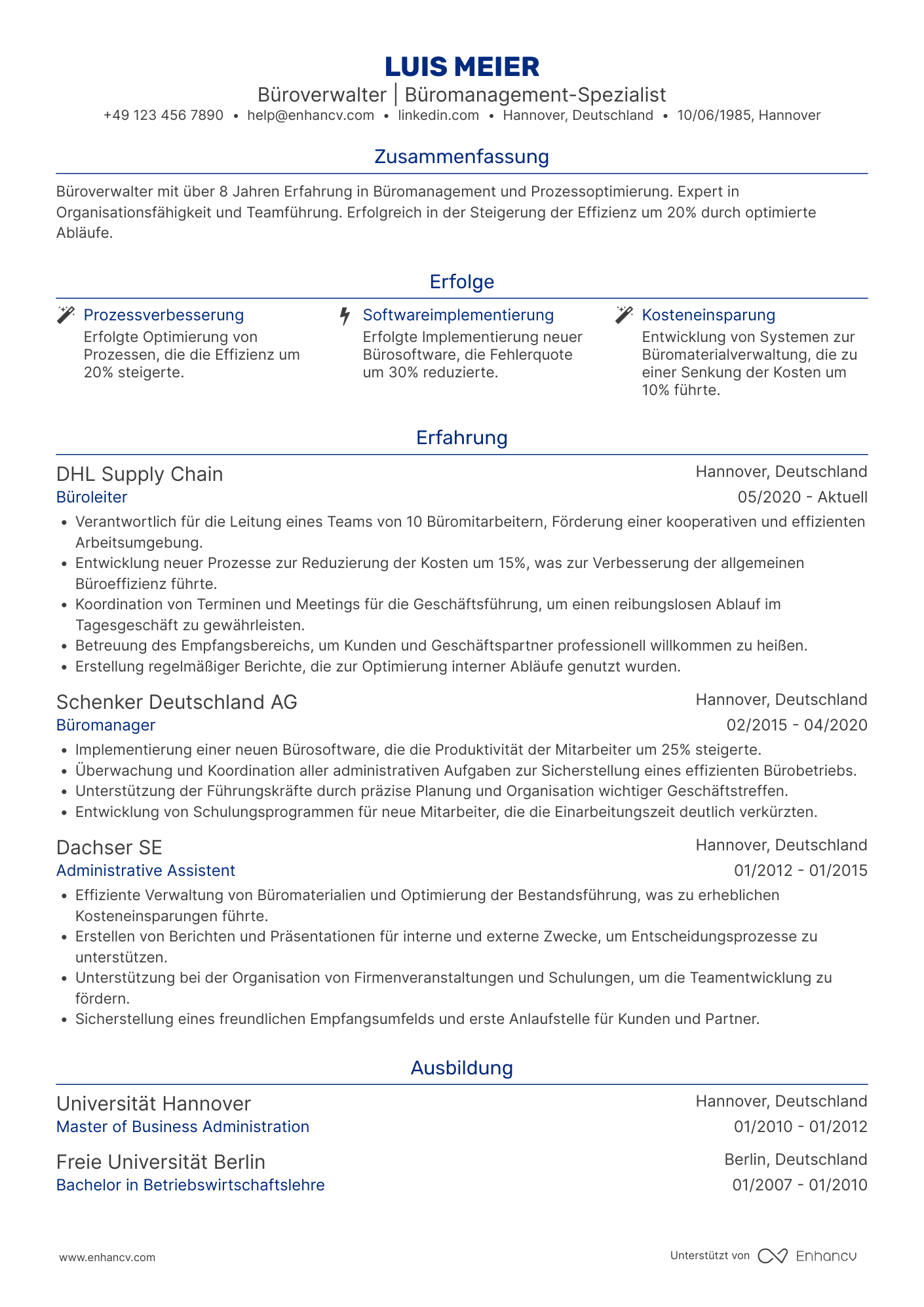 Lebenslauf als Büroverwalter mit fortgeschrittener Erfahrung Resume Example