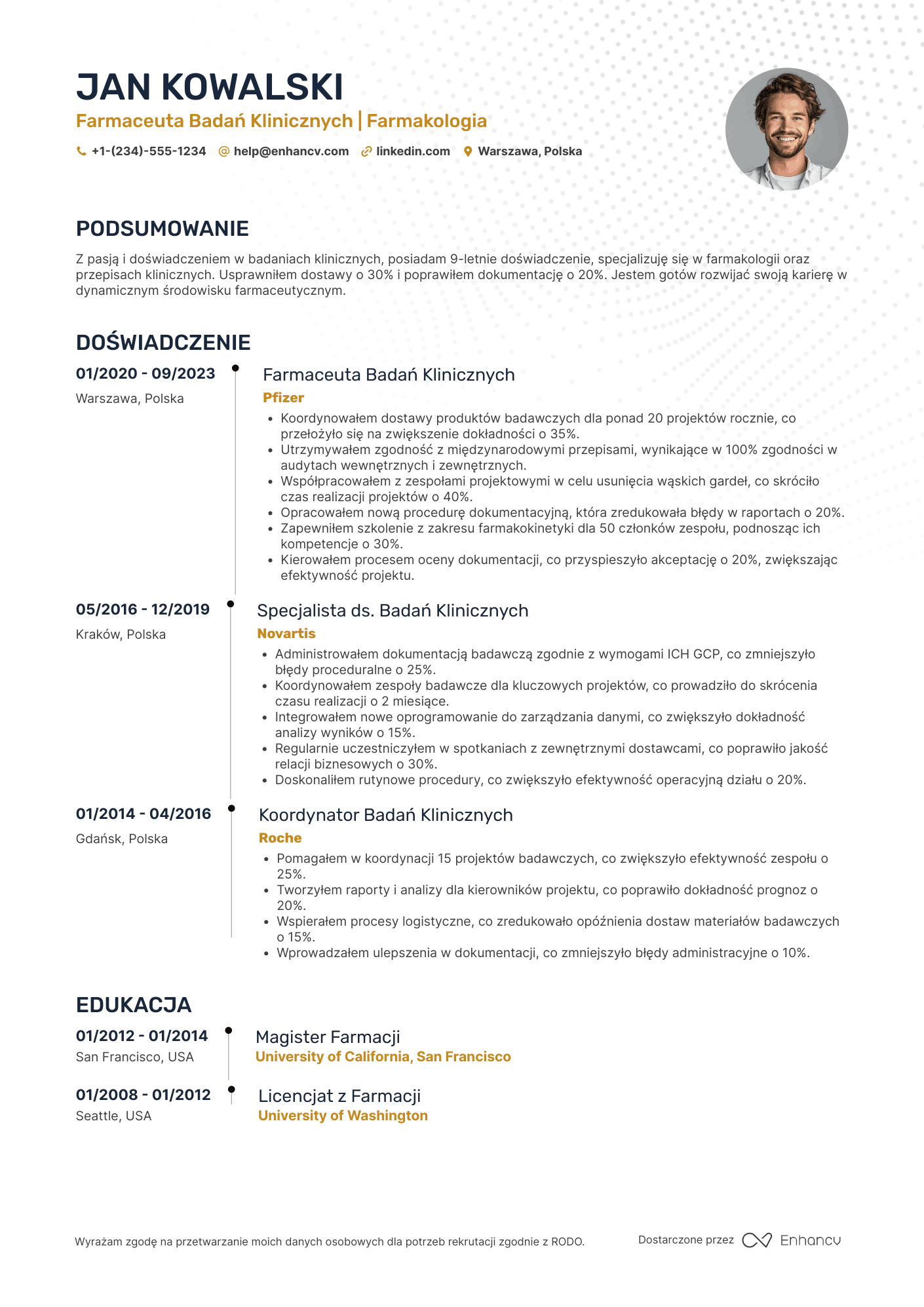 CV dla Farmaceuta Badań Klinicznych Resume Example