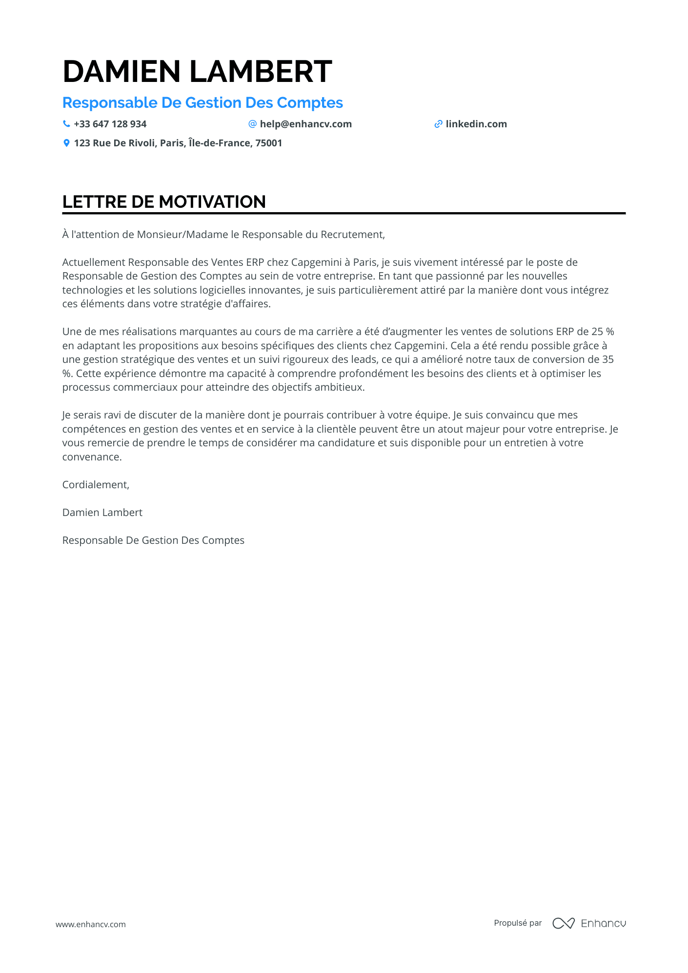 Cadre Exécutif en Vente Resume Example