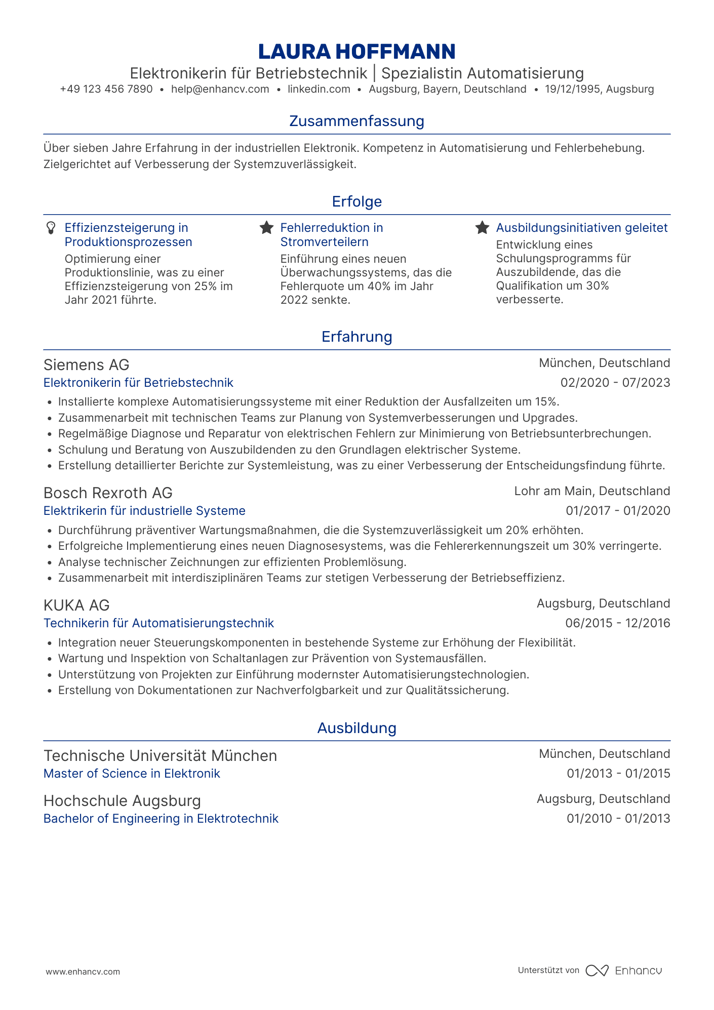 Lebenslauf als Elektroniker für Betriebstechnik Resume Example