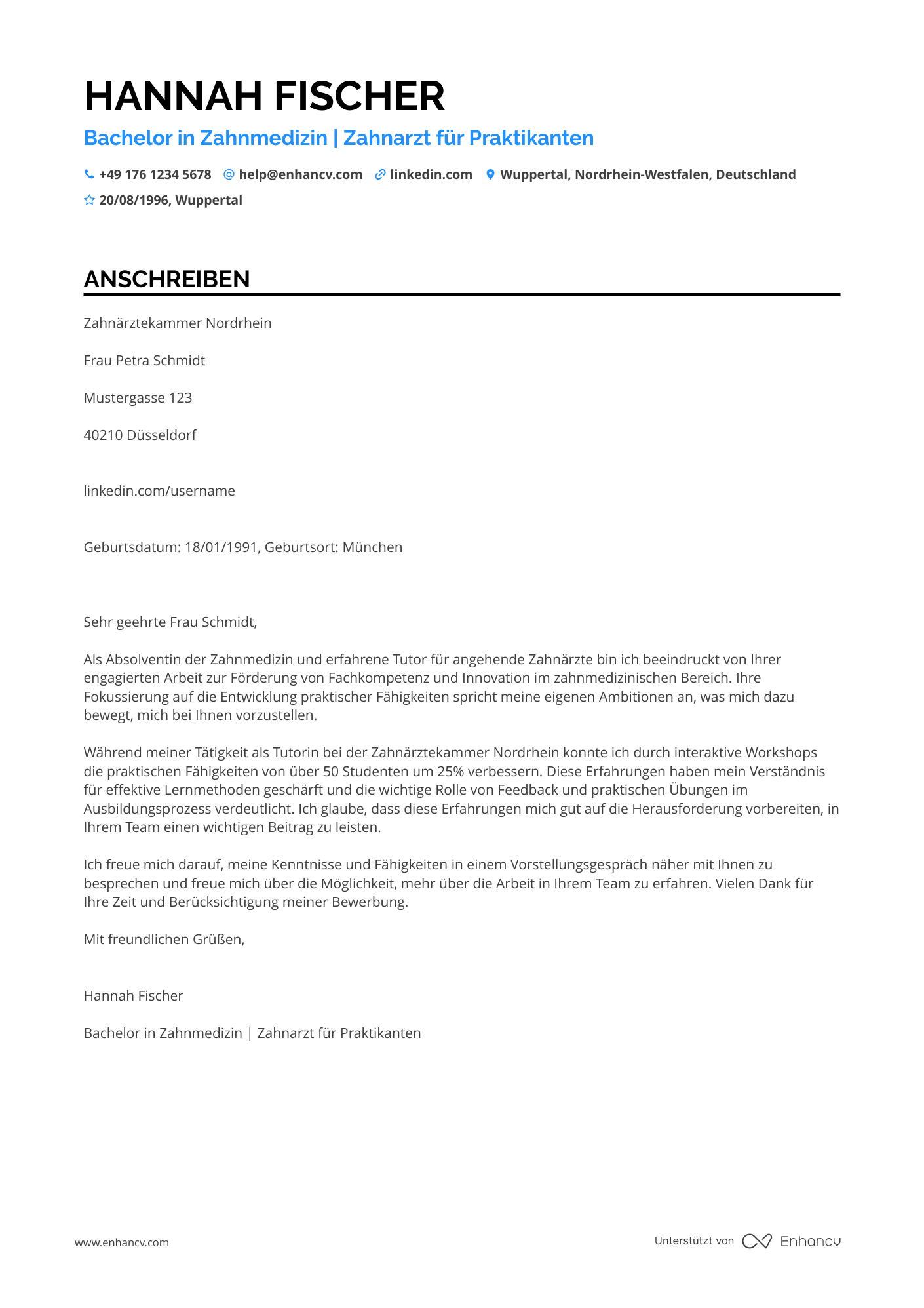 Zahnarzt für Praktikanten Resume Example