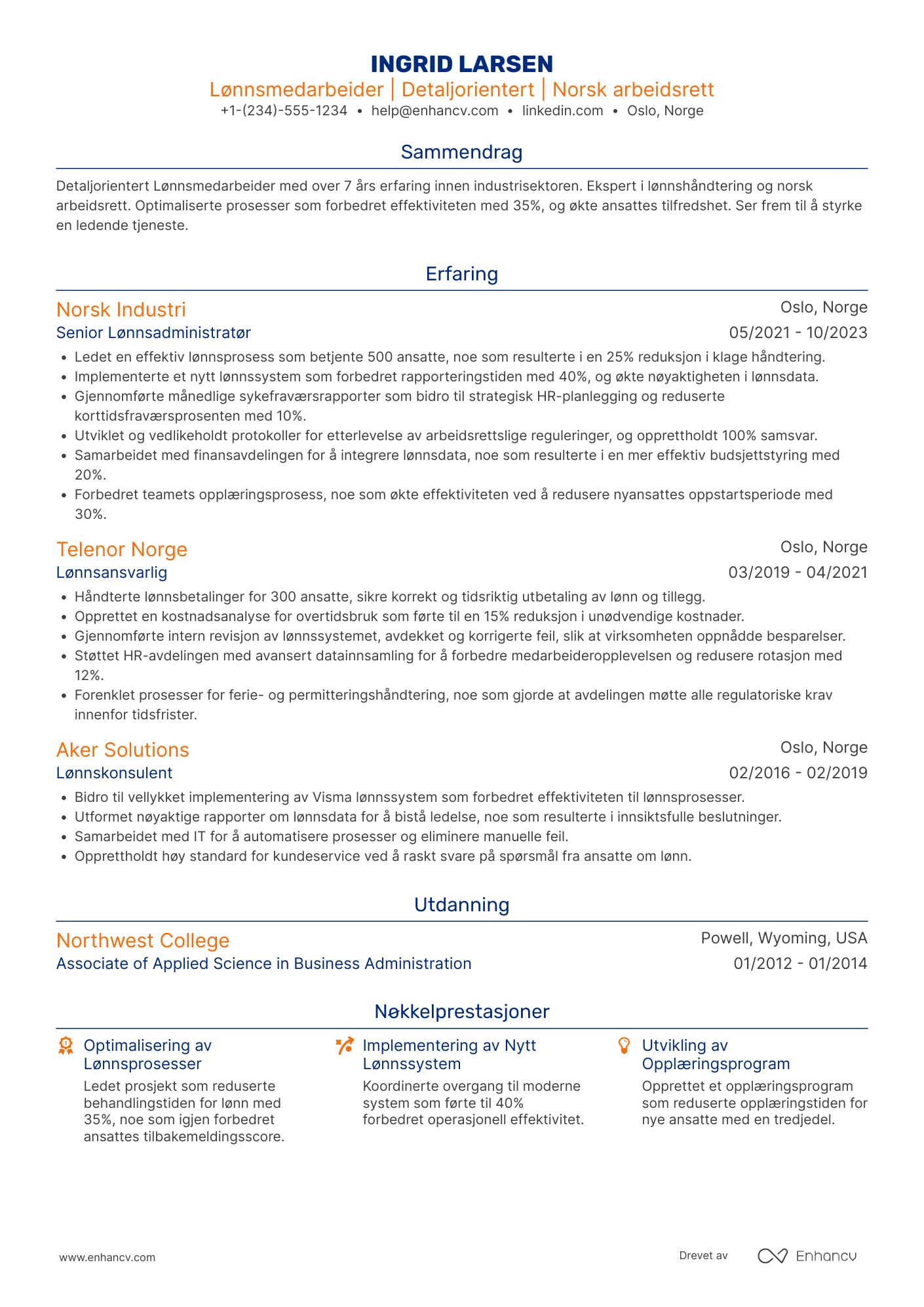 CV for Industriell Lønnsmedarbeider Resume Example