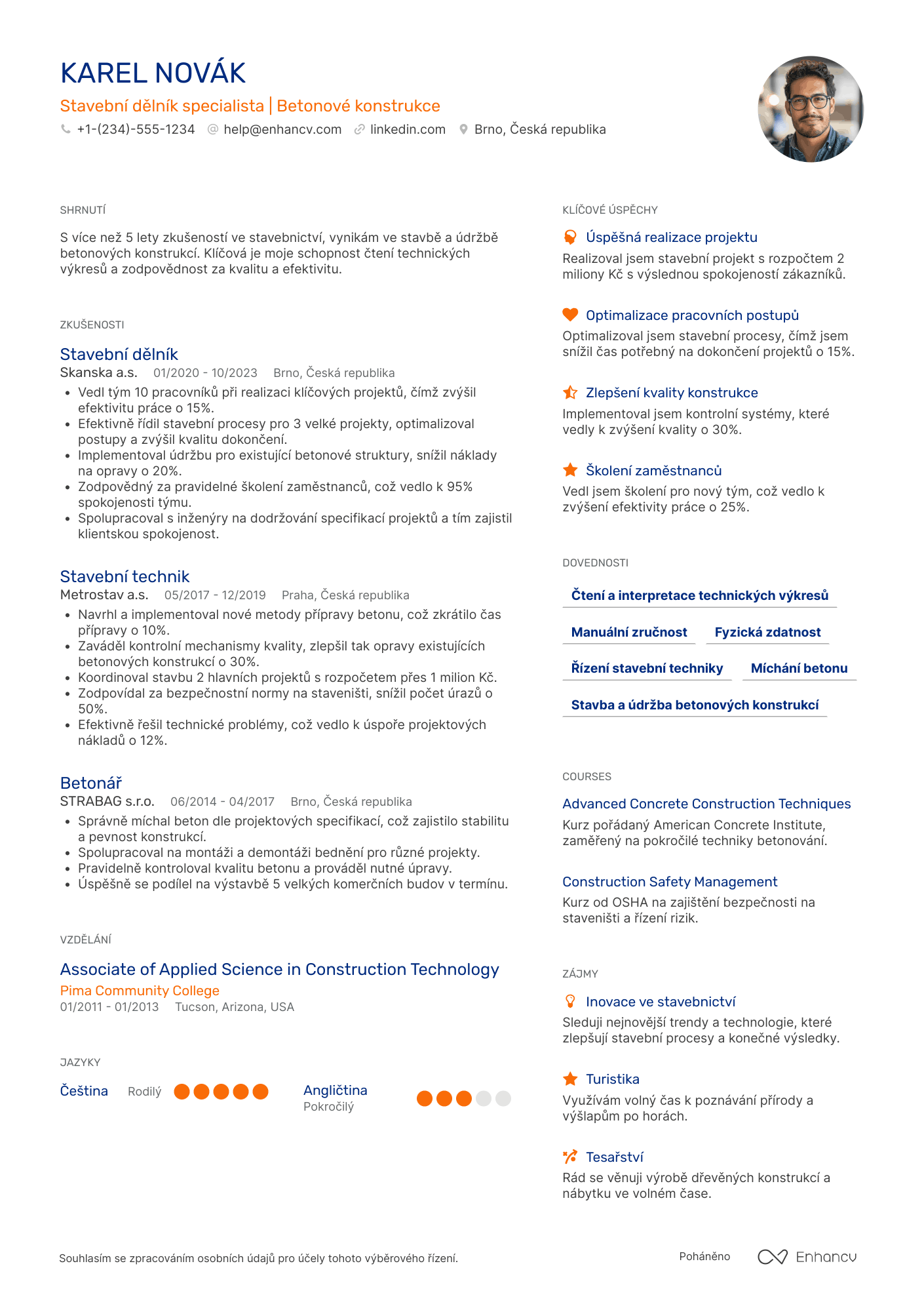 Životopis pro Stavební dělník specialista na betonové konstrukce Resume Example