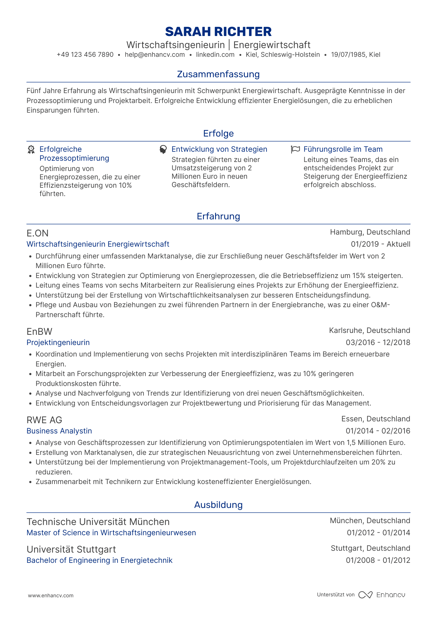 Lebenslauf in Wirtschaftsingenieur in der Energiewirtschaft Resume Example
