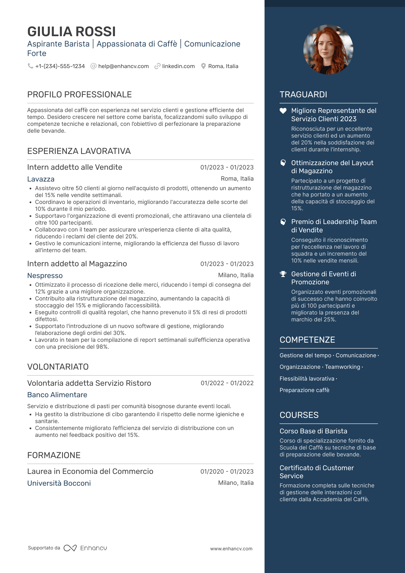 Curriculum per barista senza esperienza Resume Example