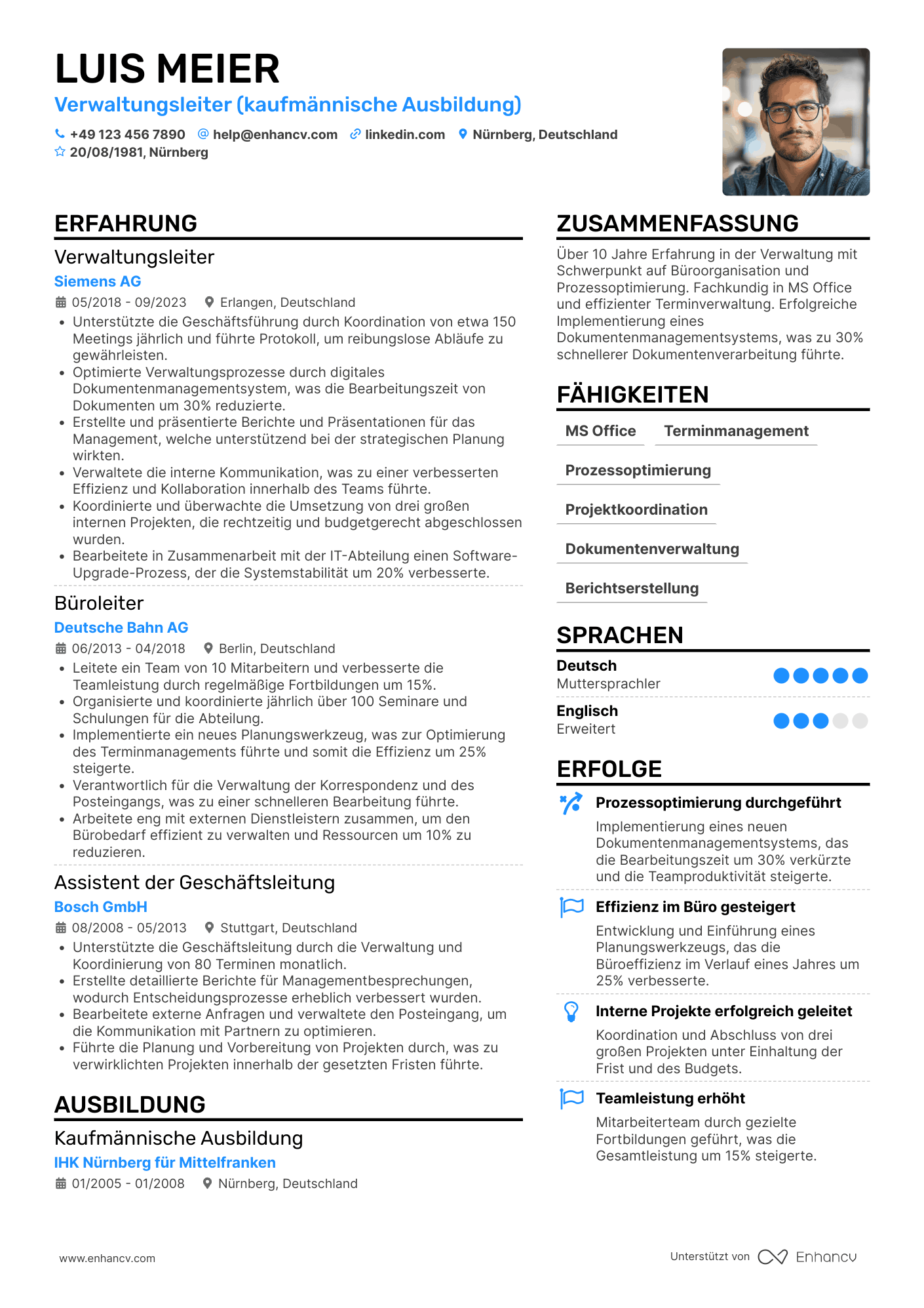 Lebenslauf als Verwaltungsassistent mit langjähriger Erfahrung Resume Example