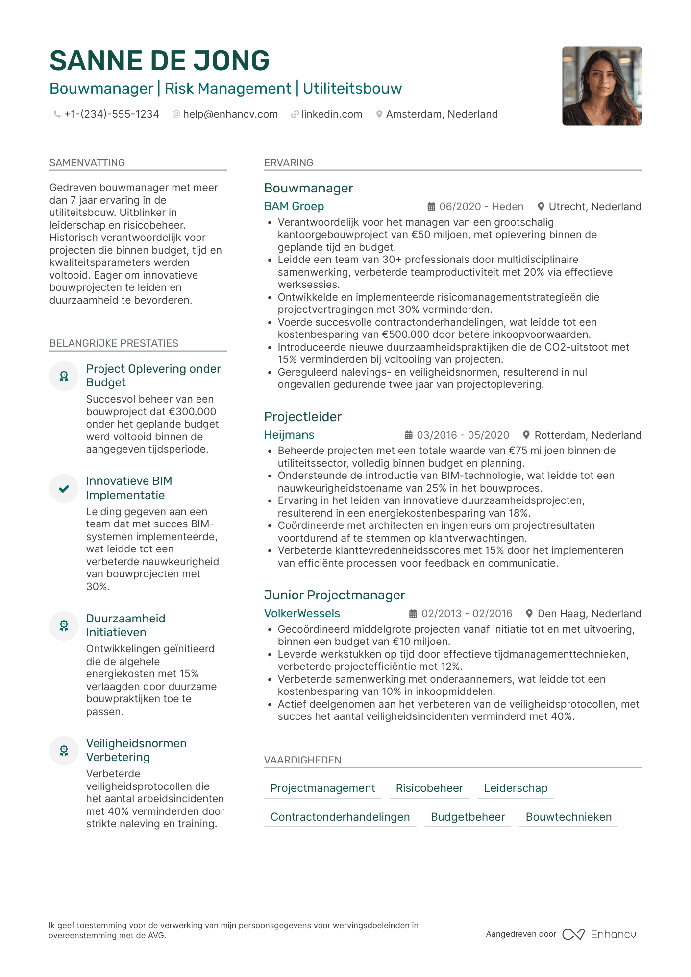 CV voor Bouwmanager in de utiliteitsbouw Resume Example