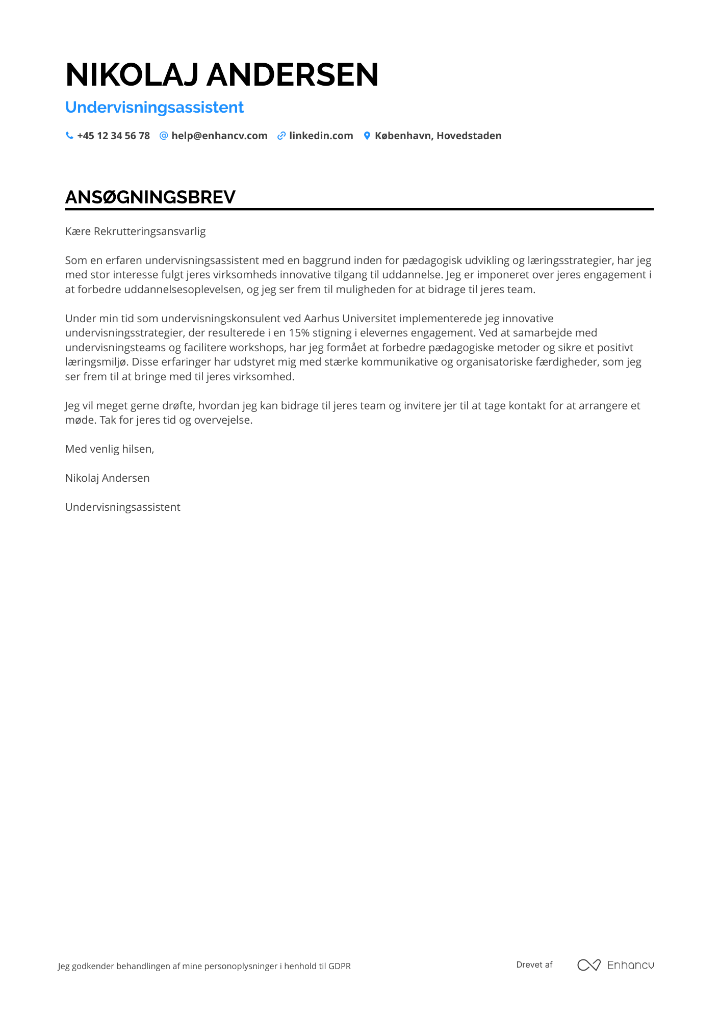 Ansøgningsbrev til Undervisningsassistent på gymnasie Resume Example