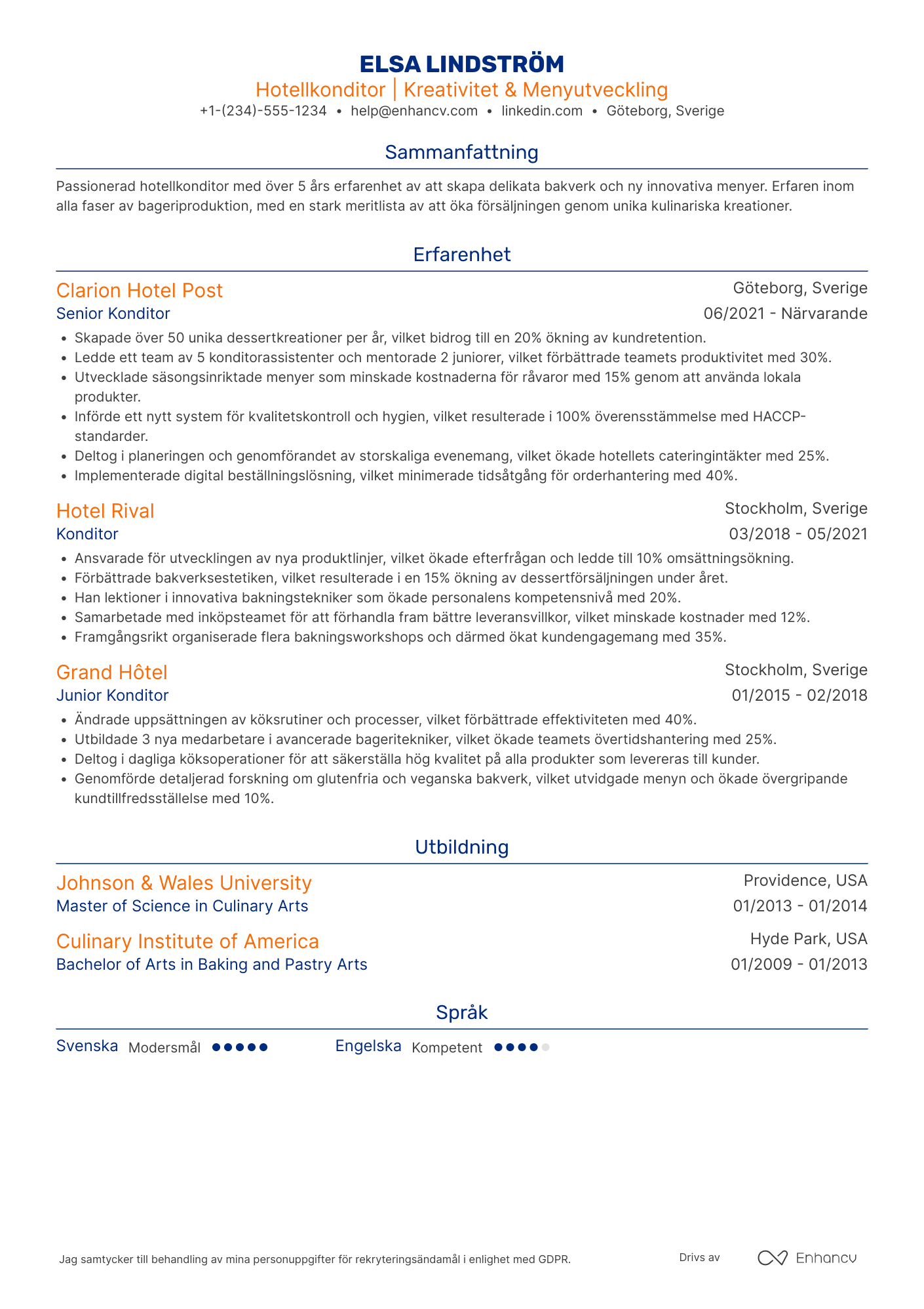 CV för Hotellkonditor Resume Example