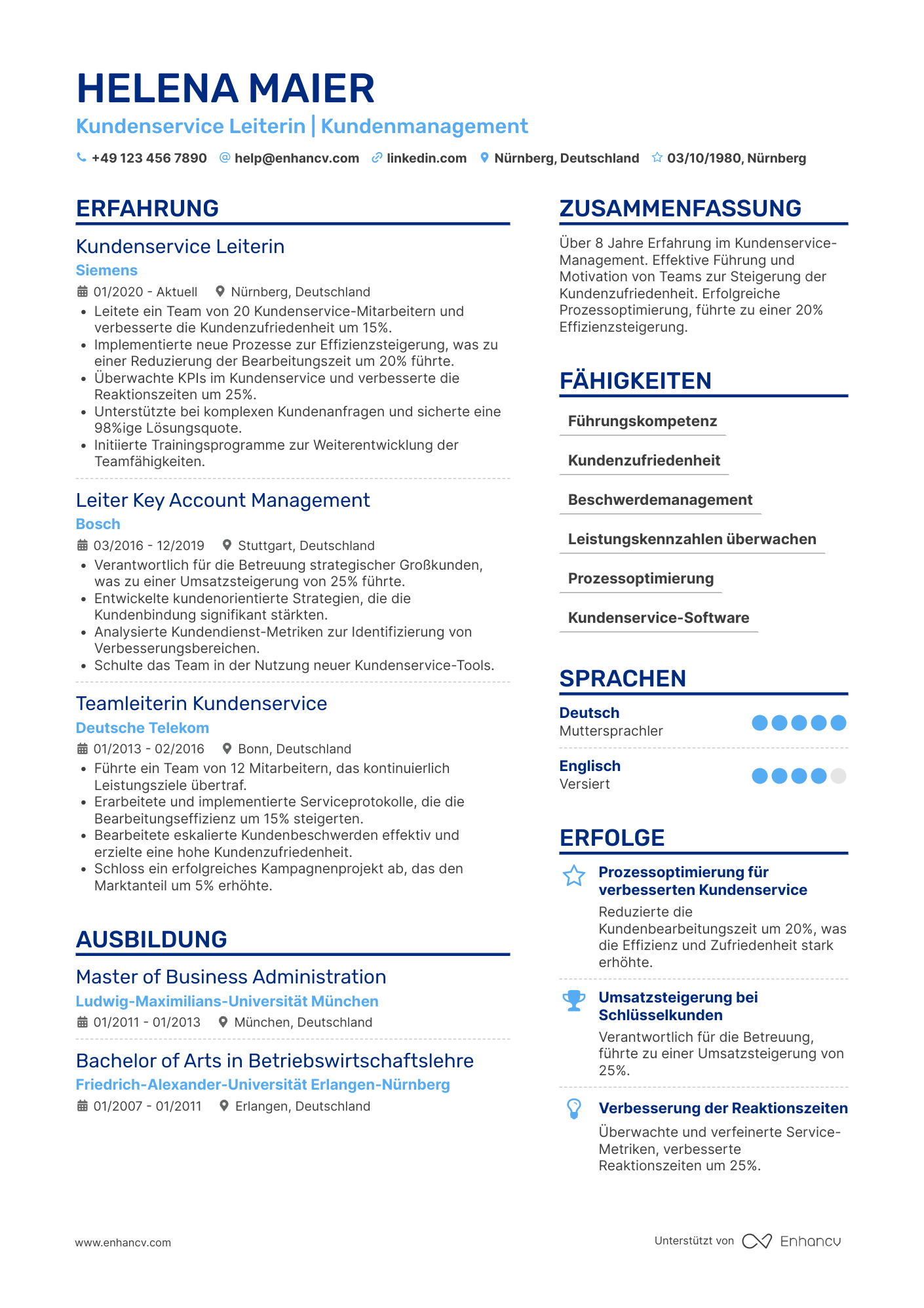 Lebenslauf als Kundenservice Leiter mit Erfahrung Resume Example