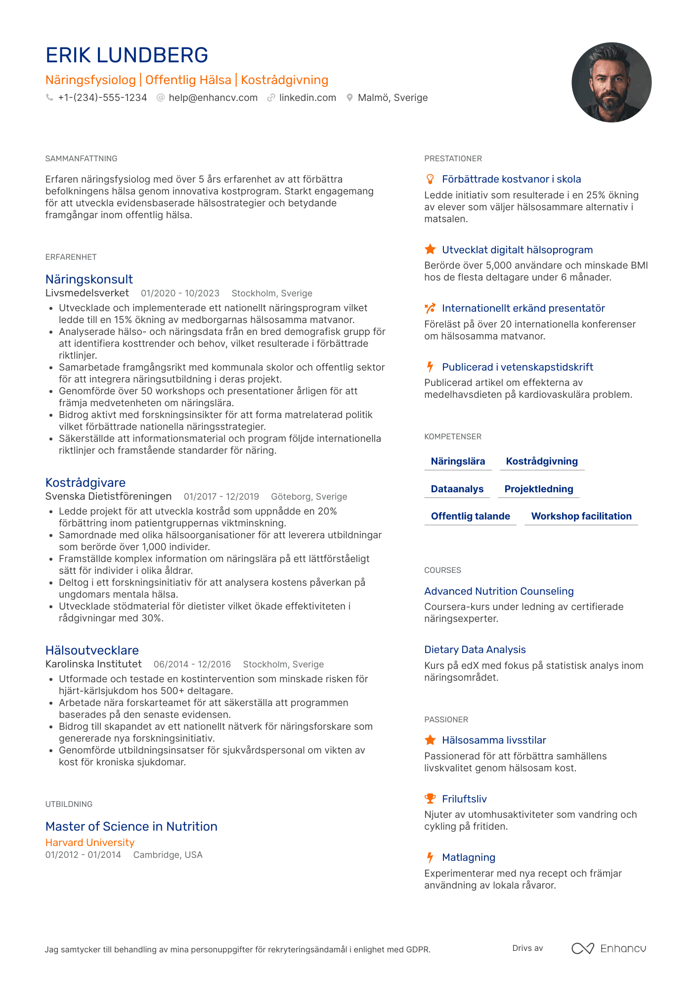 CV för Näringsfysiolog inom Offentlig Hälsa Resume Example