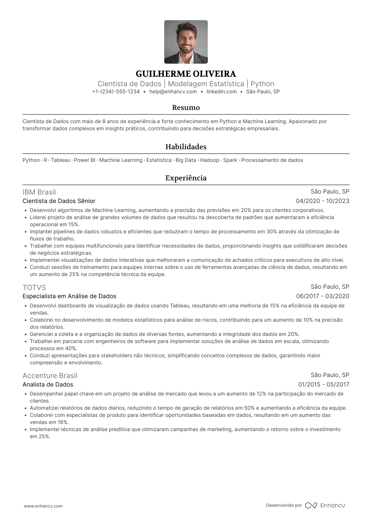 Currículo cientista de dados Resume Example