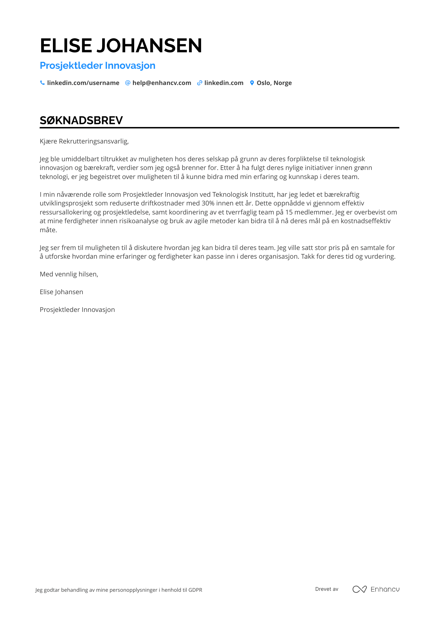 Søknadsbrev for Prosjektleder innovasjon Resume Example