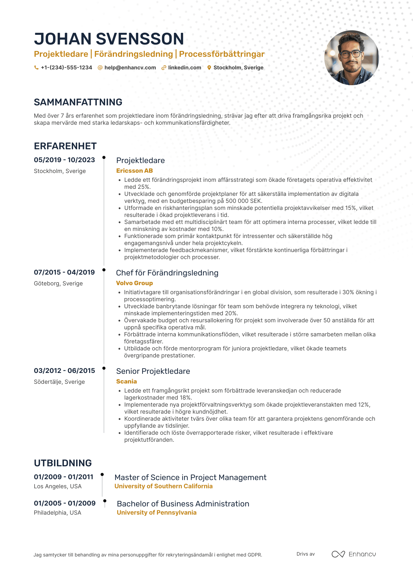 CV för Projektledare med erfarenhet av förändringsledning Resume Example