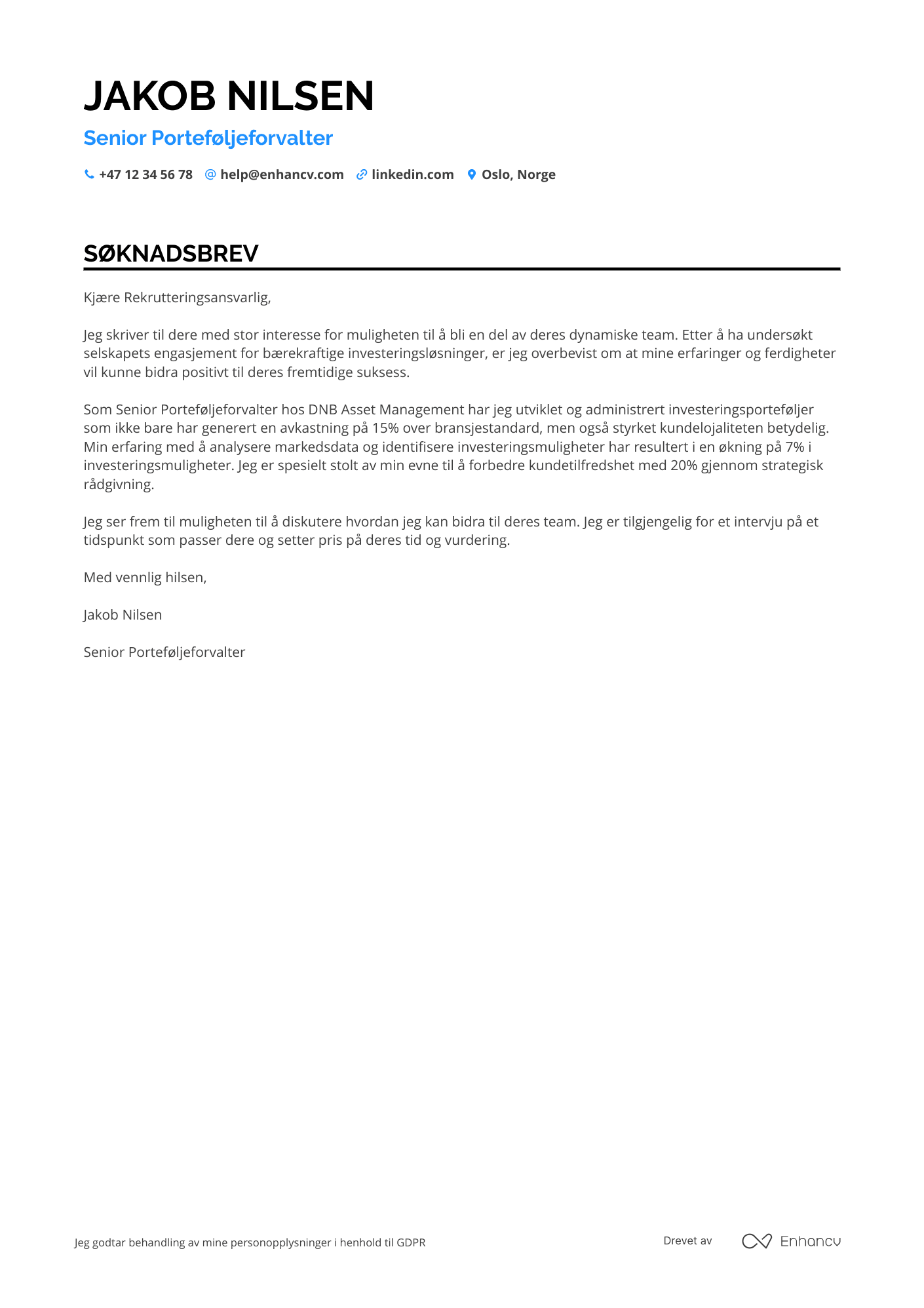 Søknadsbrev for Senior Porteføljeforvalter Resume Example
